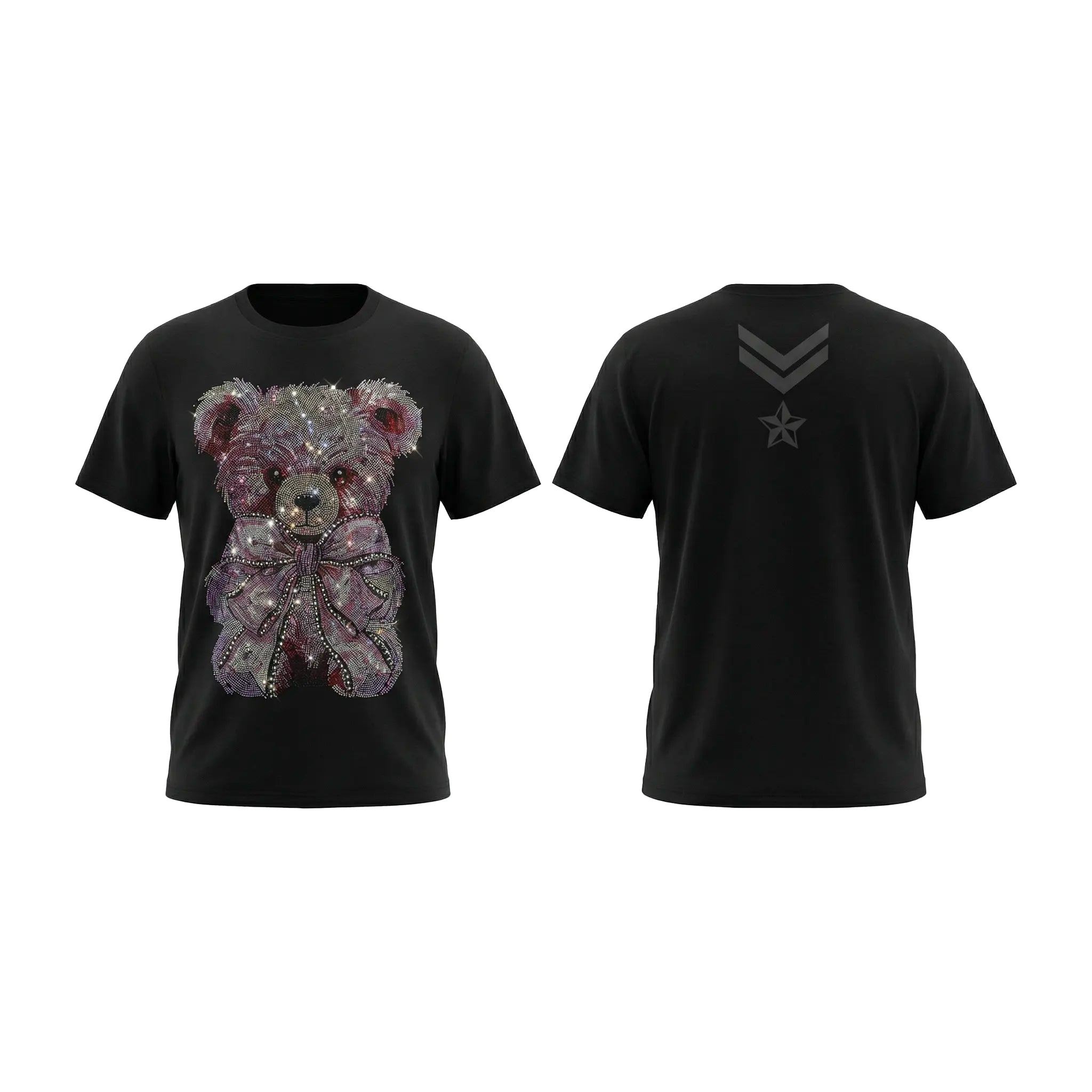 Black t-shirt with teddy bear design on front and star and bar insignia on back, on a white background, TCH Rhinestone Pink Teddy Bear T-Shirt