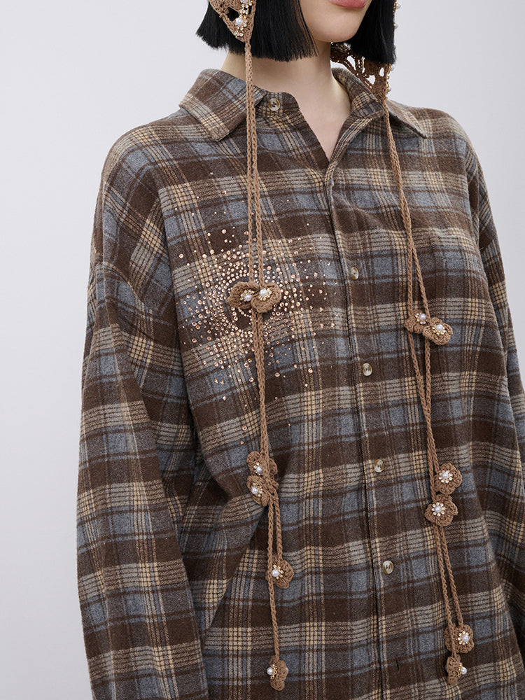tch rhinestone plaid button down overzied shirt khaki HighEnd Luxury Streetwear Brand Official Showcase