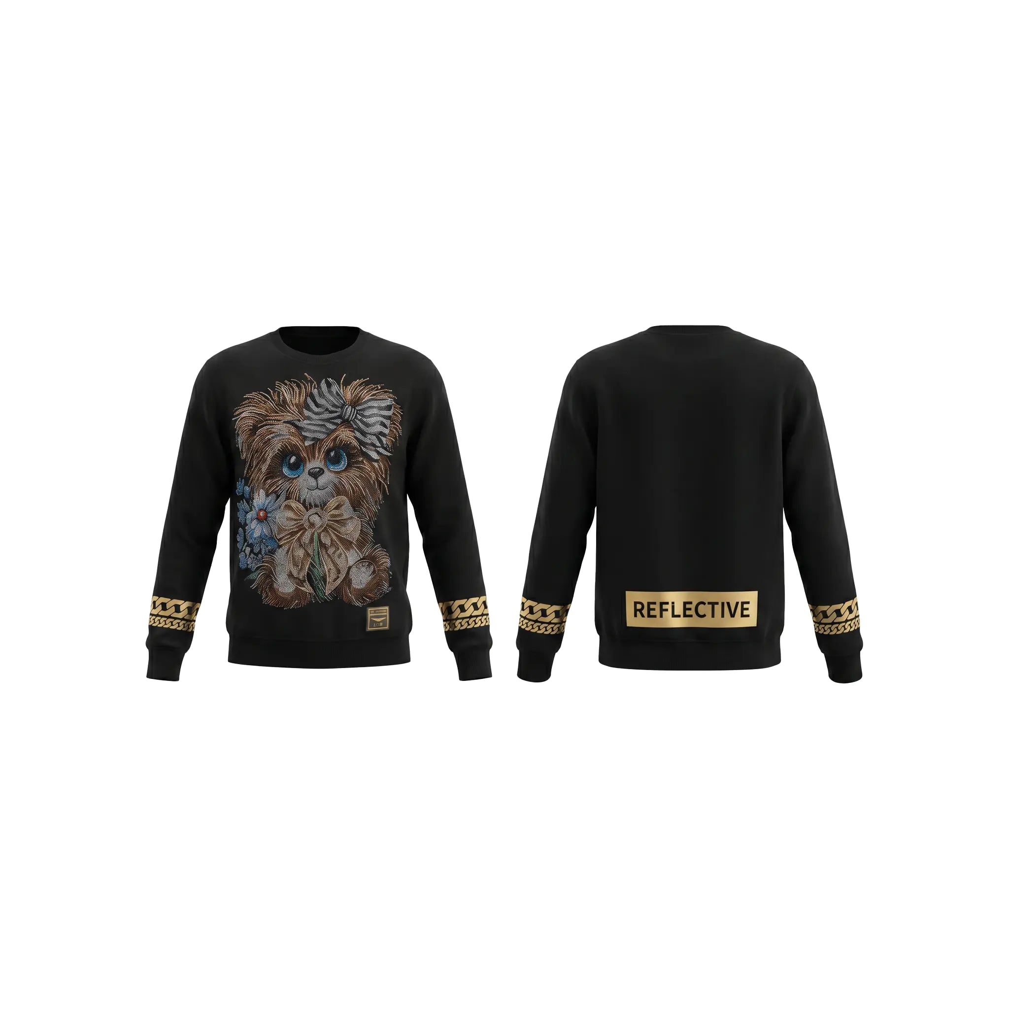 Black sweater with a character design on the front and 'Reflective' text on the sleeve, shown from front and back views. TCH Rhinestone Puppy Black Streetwear Sweatshirt