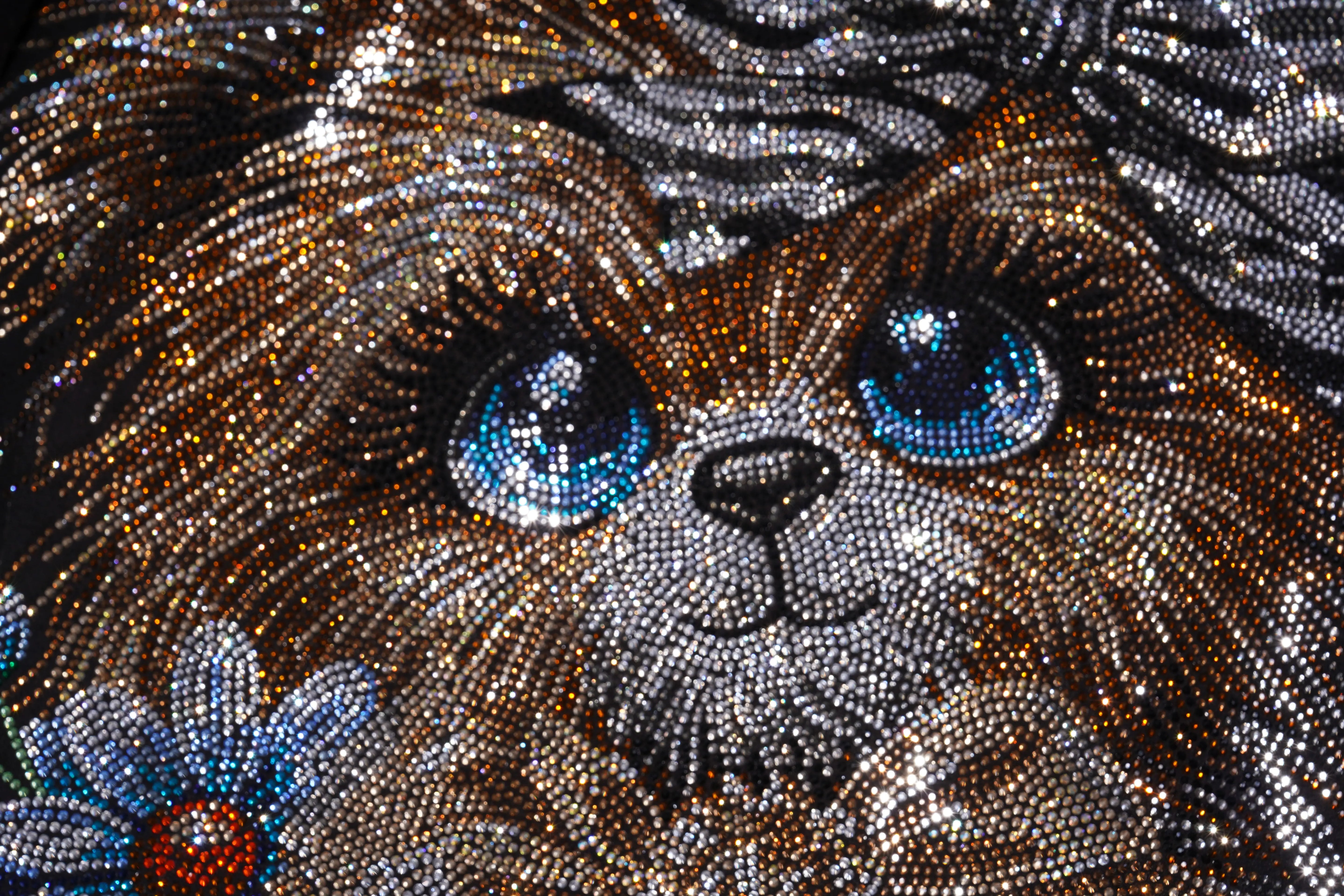 Close-up of a dog's face made from small beads with blue eyes and brown fur. TCH Rhinestone Puppy Black Streetwear Sweatshirt