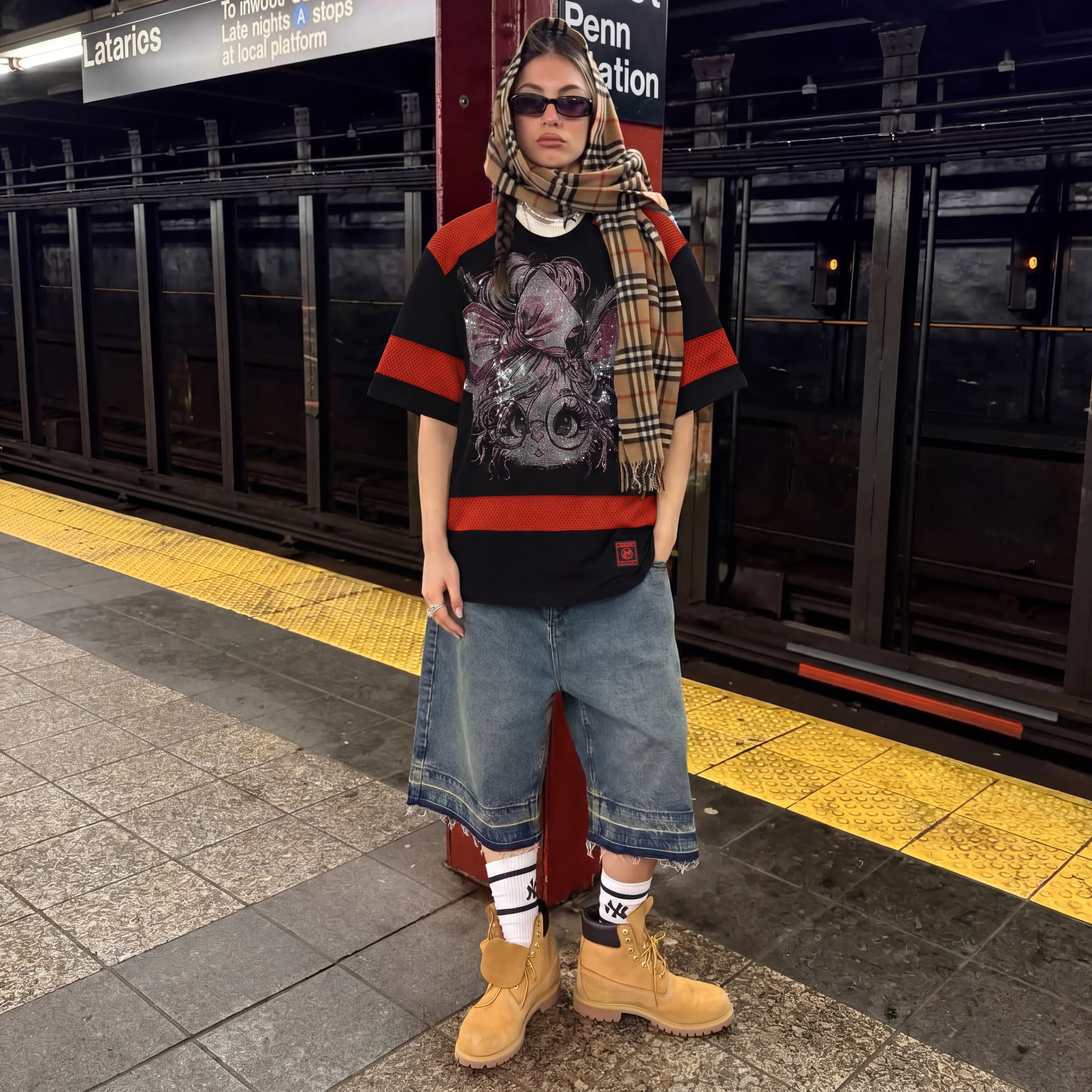 Person standing on a subway platform wearing a graphic t-shirt, jeans, and boots. TCH Rhinestone Rabbit Black Red Jersey