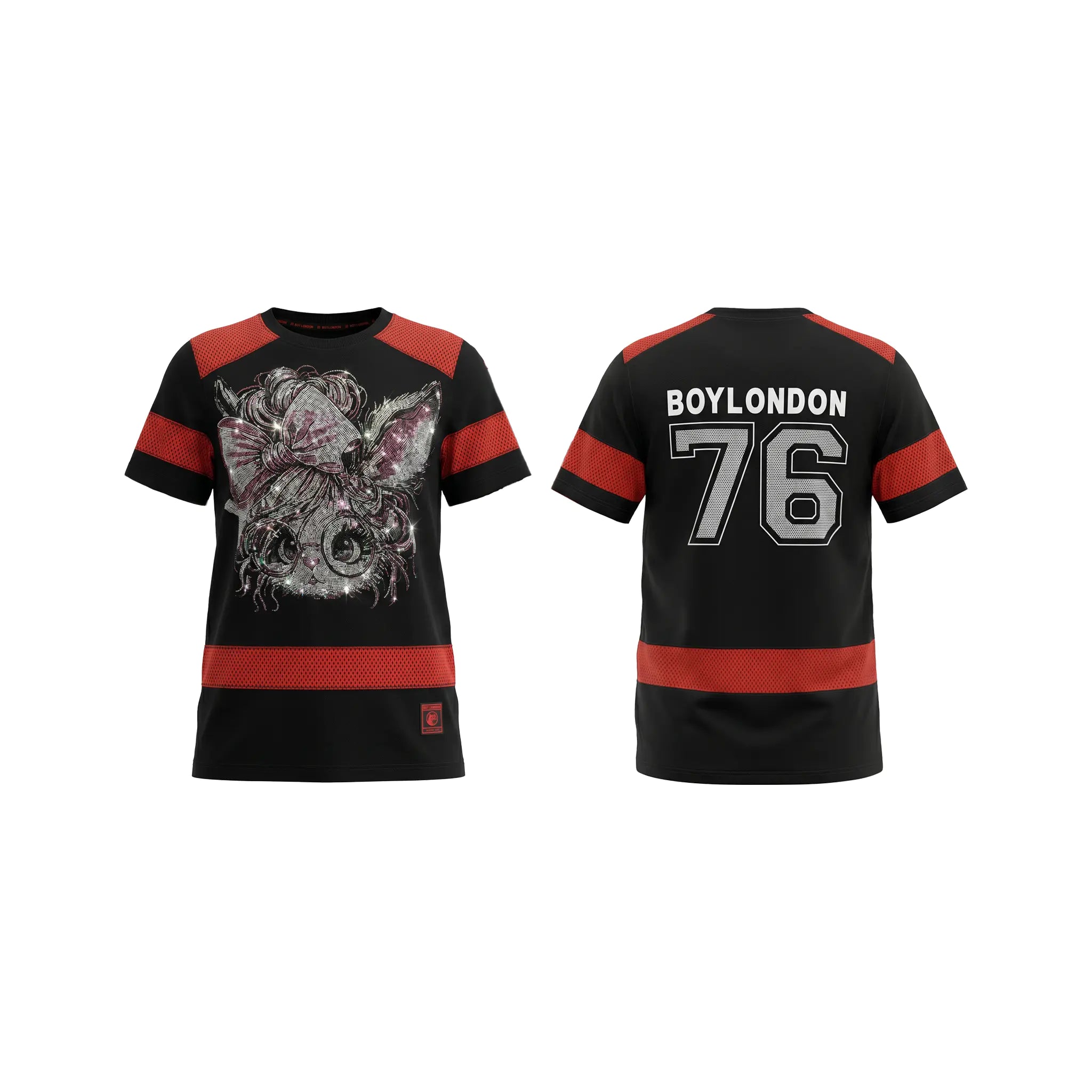 Black and red t-shirt with graphic design and text on a white background, TCH Rhinestone Rabbit Black Red Jersey