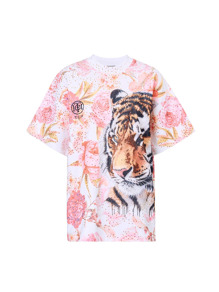T-shirt with a tiger and floral design on a white background, TCH Rhinestone Rose Tiger Sparkling Tee Top