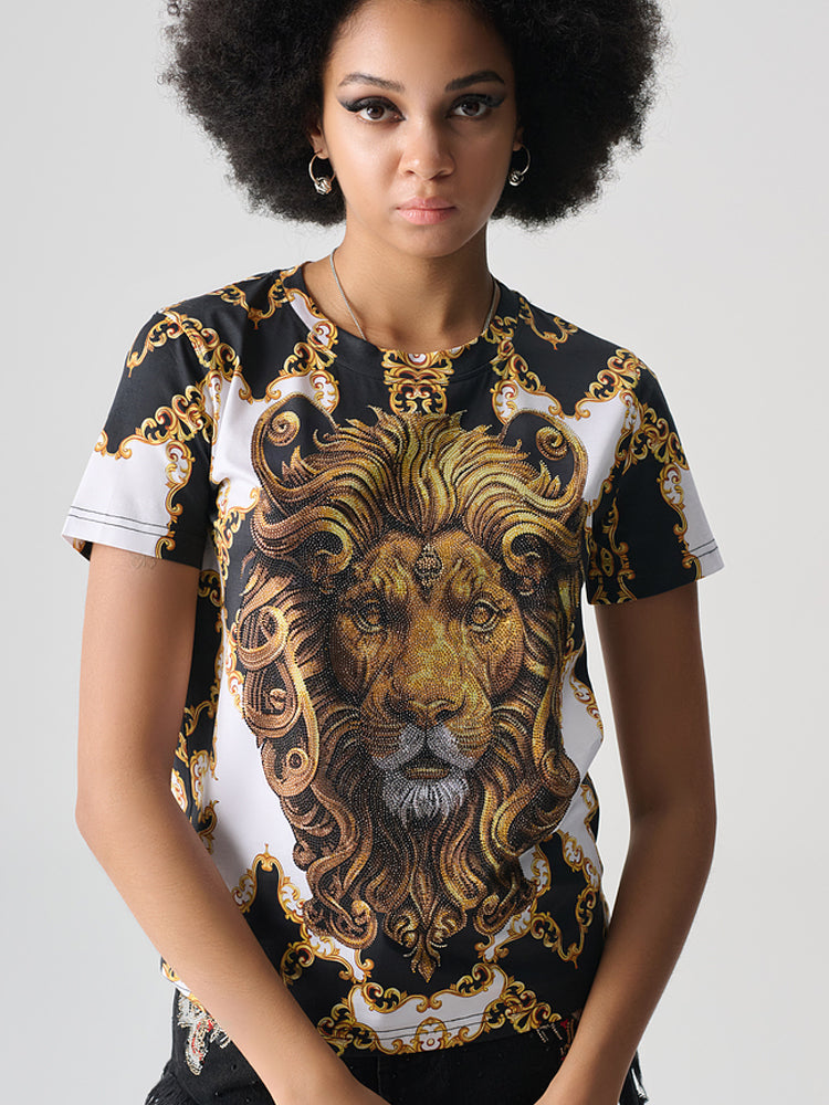 tch rhinestone royal studded lion tee top whitegold HighEnd Luxury Streetwear Brand Official Showcase