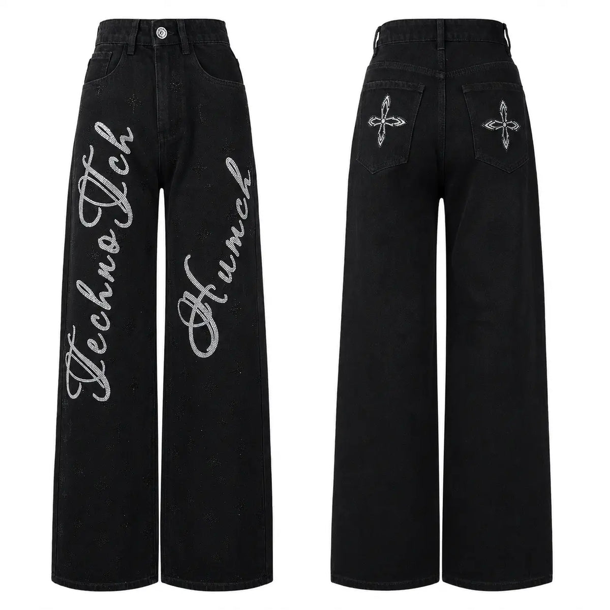 Black wide-leg jeans shown from the front and back. The front features silver glitter script embroidery spelling 'TechnoCh' on the left leg and 'Hunch' on the right leg. TCH Rhinestone Script Graphic Wide-Leg Jeans