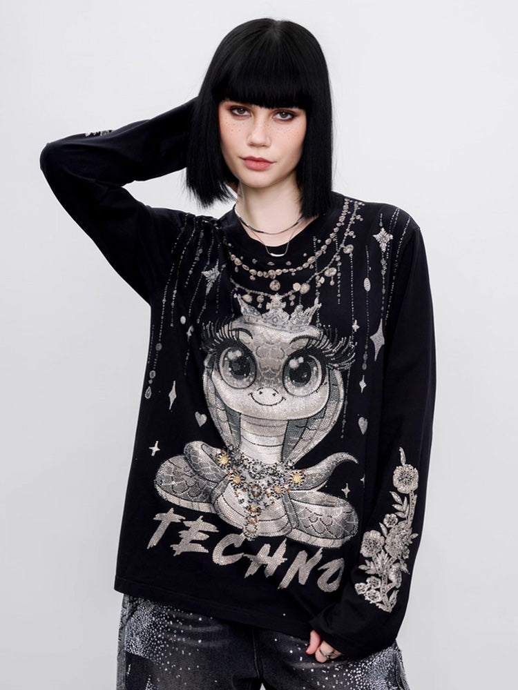 TCH Rhinestone Snake & Wings Long Sleeve Top black HighEnd Luxury Streetwear Brand Official Showcase