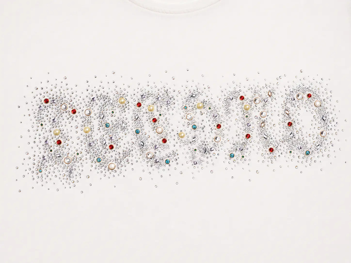 A close-up of a white garment featuring the word 'FOREVER' spelled out across the chest in sparkling silver rhinestones, accented with small red, blue, and gold rhinestones. TCH Rhinestone Sparkle Crystal Graphic White T-Shirt
