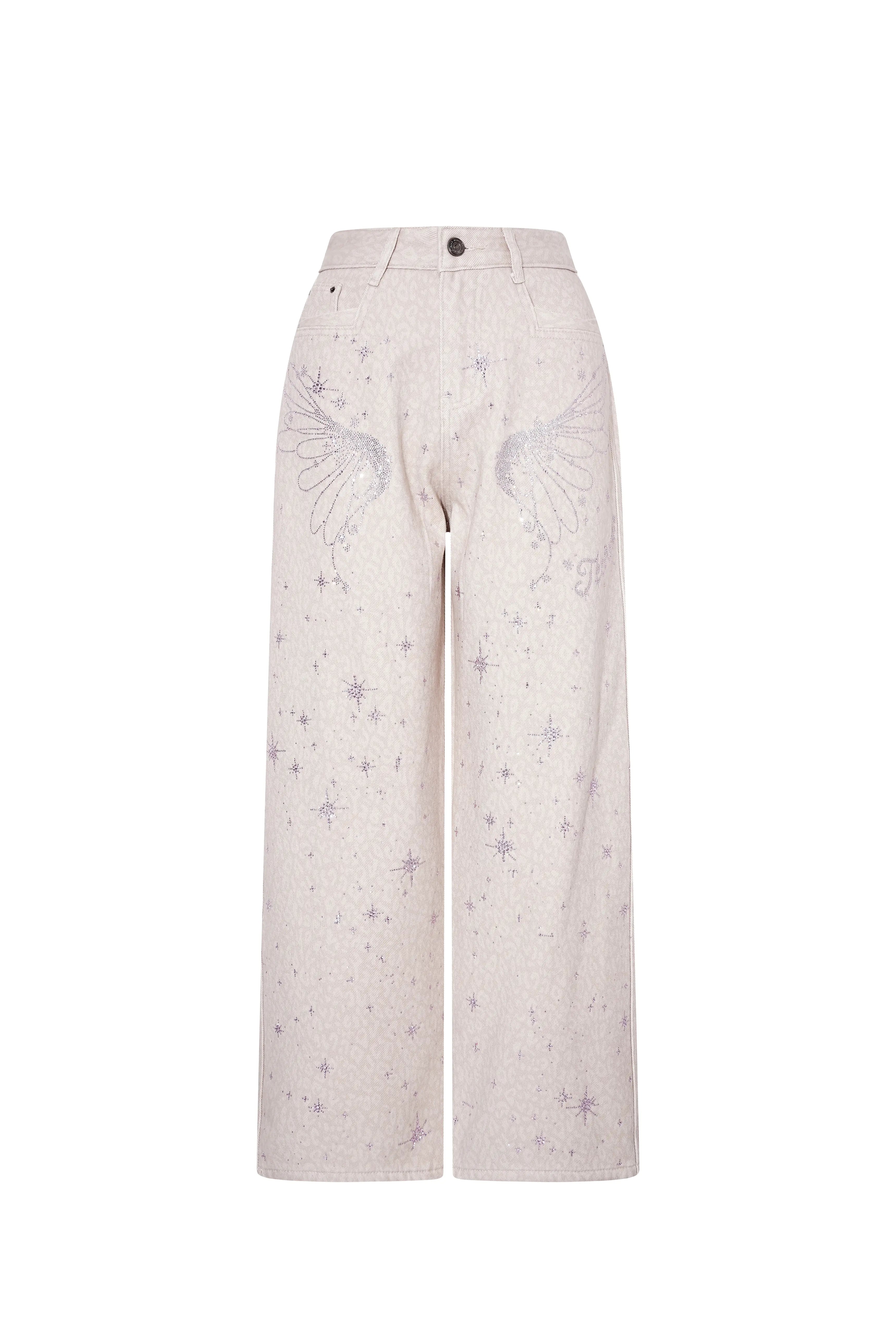 White pants with subtle pattern on a white background, TCH Rhinestone Star & Angel Wings Beige Denim Jeans