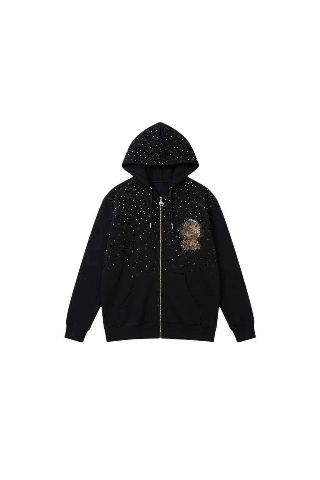 Black hoodie with star pattern on a white background. TCH Rhinestone Starry Sky Lion Hoodie