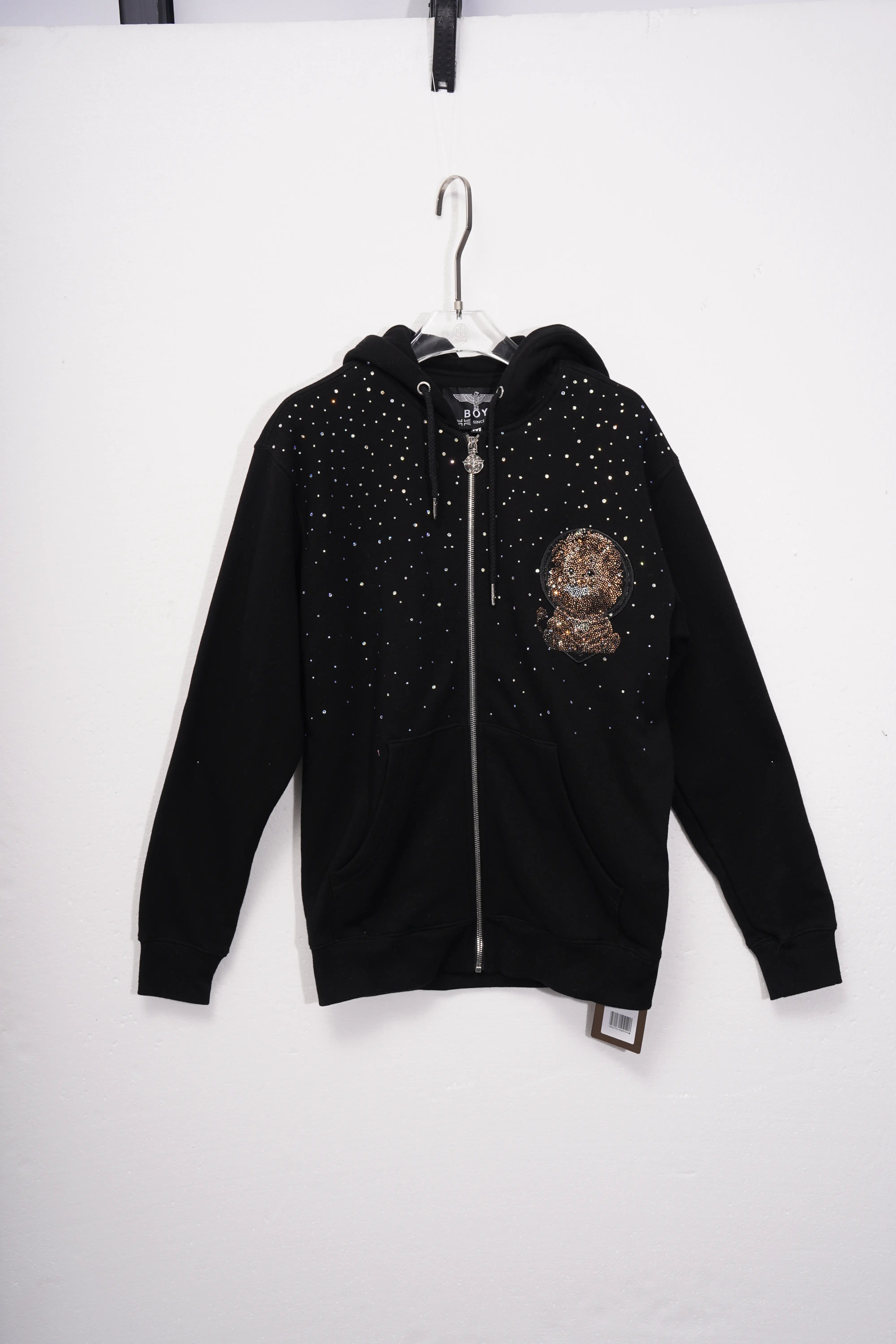 Black hoodie with decorative elements on a white background, TCH Rhinestone Starry Sky Lion Hoodie
