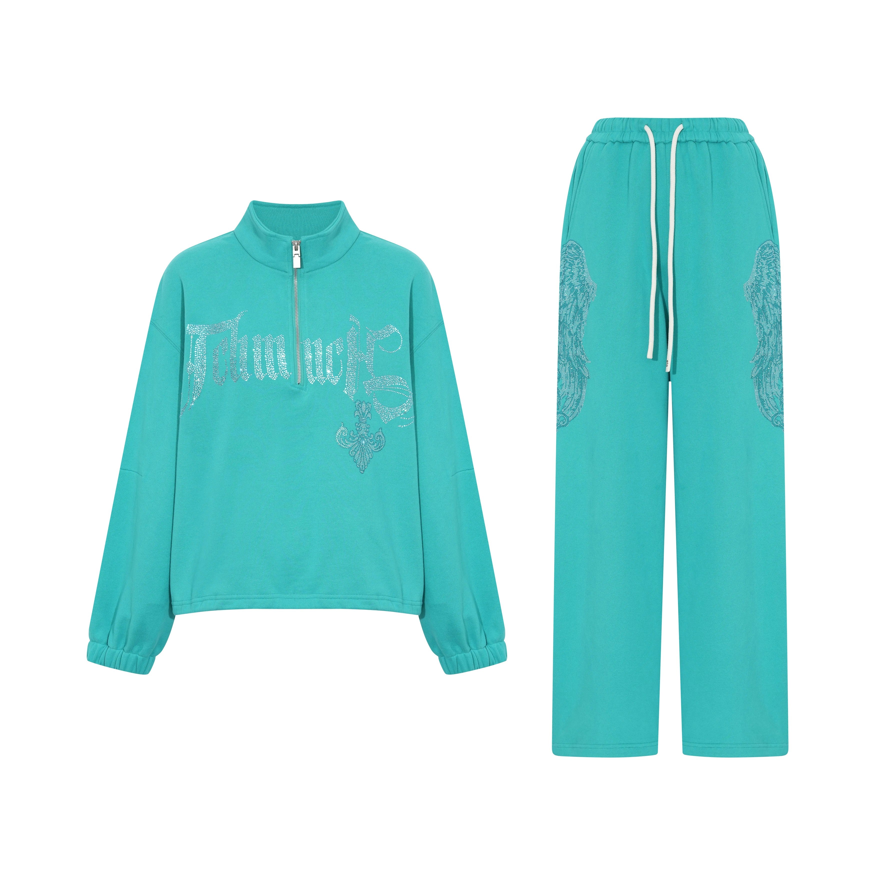 Teal tracksuit with rhinestone embellishments on a white background, TCH Rhinestone “Tchmuch” Logo & Wings Teal Zip Tracksuit Set