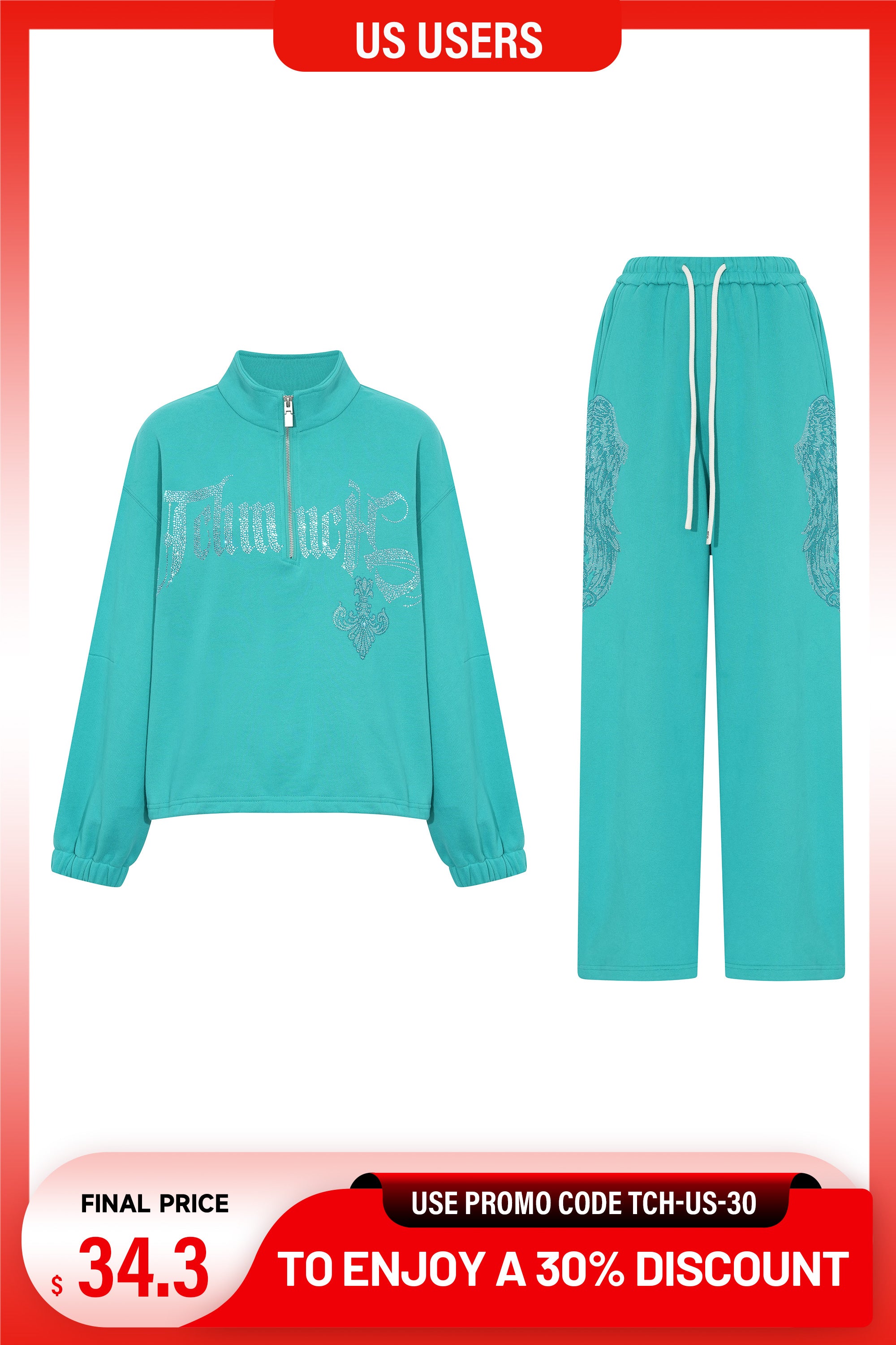 Teal tracksuit with rhinestone design on a white background, TCH Rhinestone “Tchmuch” Logo & Wings Teal Zip Tracksuit Set