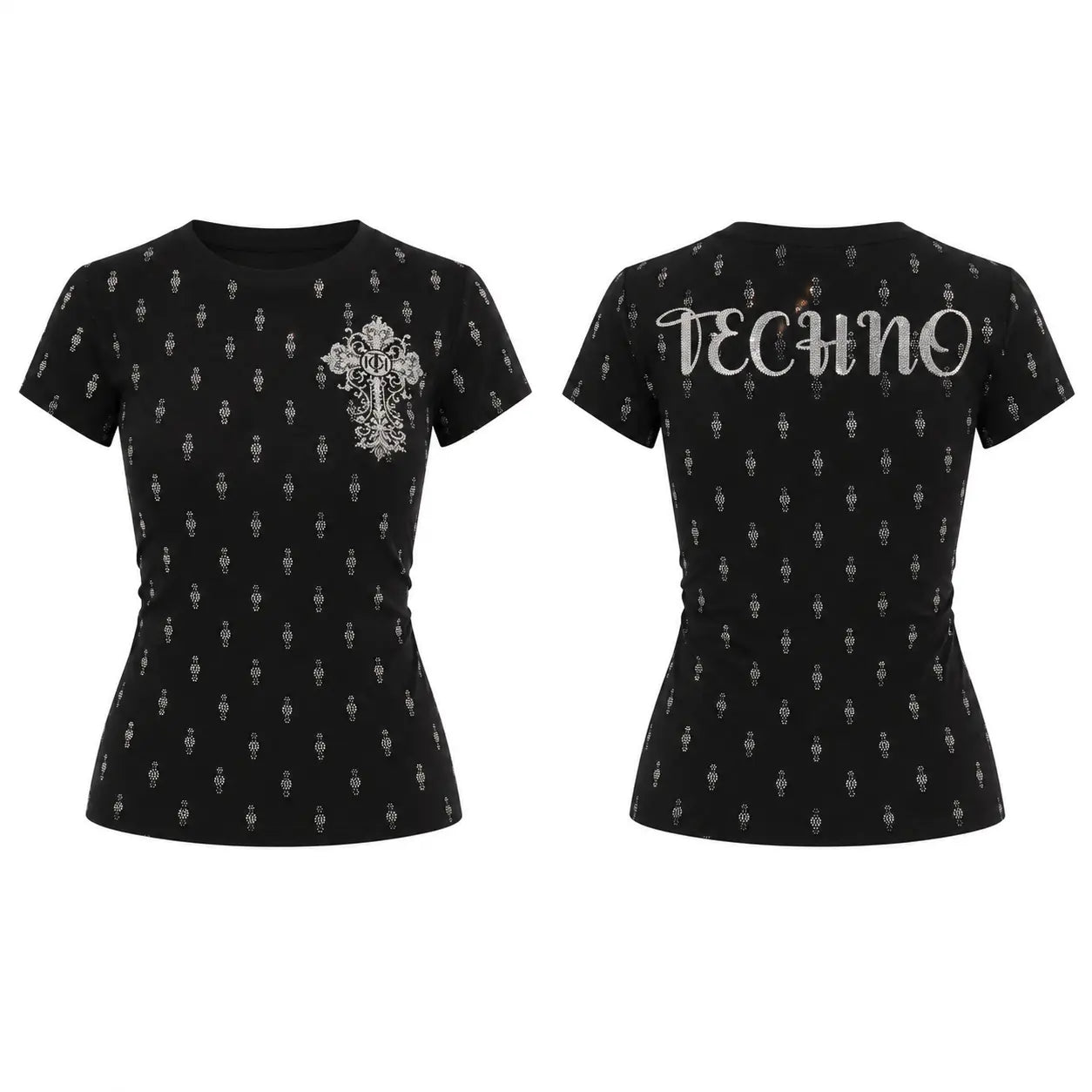 Black short-sleeve t-shirt with a repeating silver gothic skull pattern, featuring a large silver cross graphic on the left chest and the word 'TECHNO' in silver script across the back. TCH Rhinestone Techno Cross Graphic Black T-Shirt