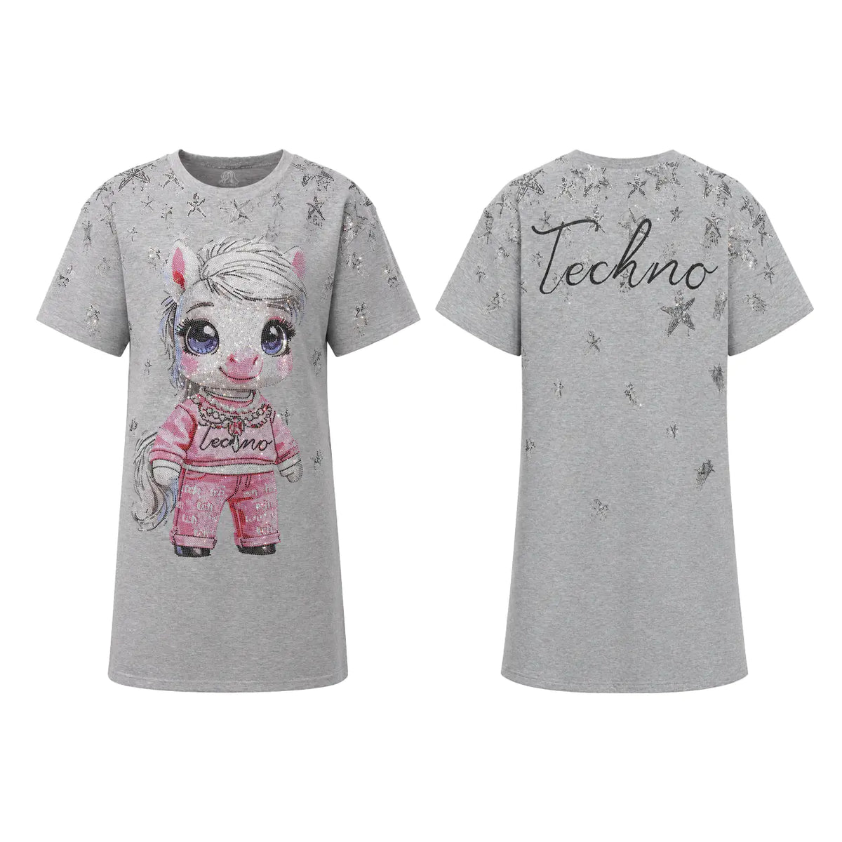 Front and back views of a heather gray short-sleeve t-shirt. The front features a cartoon pony graphic wearing a pink Techno sweatshirt and pants. TCH Rhinestone Techno Unicorn Graphic T-Shirt