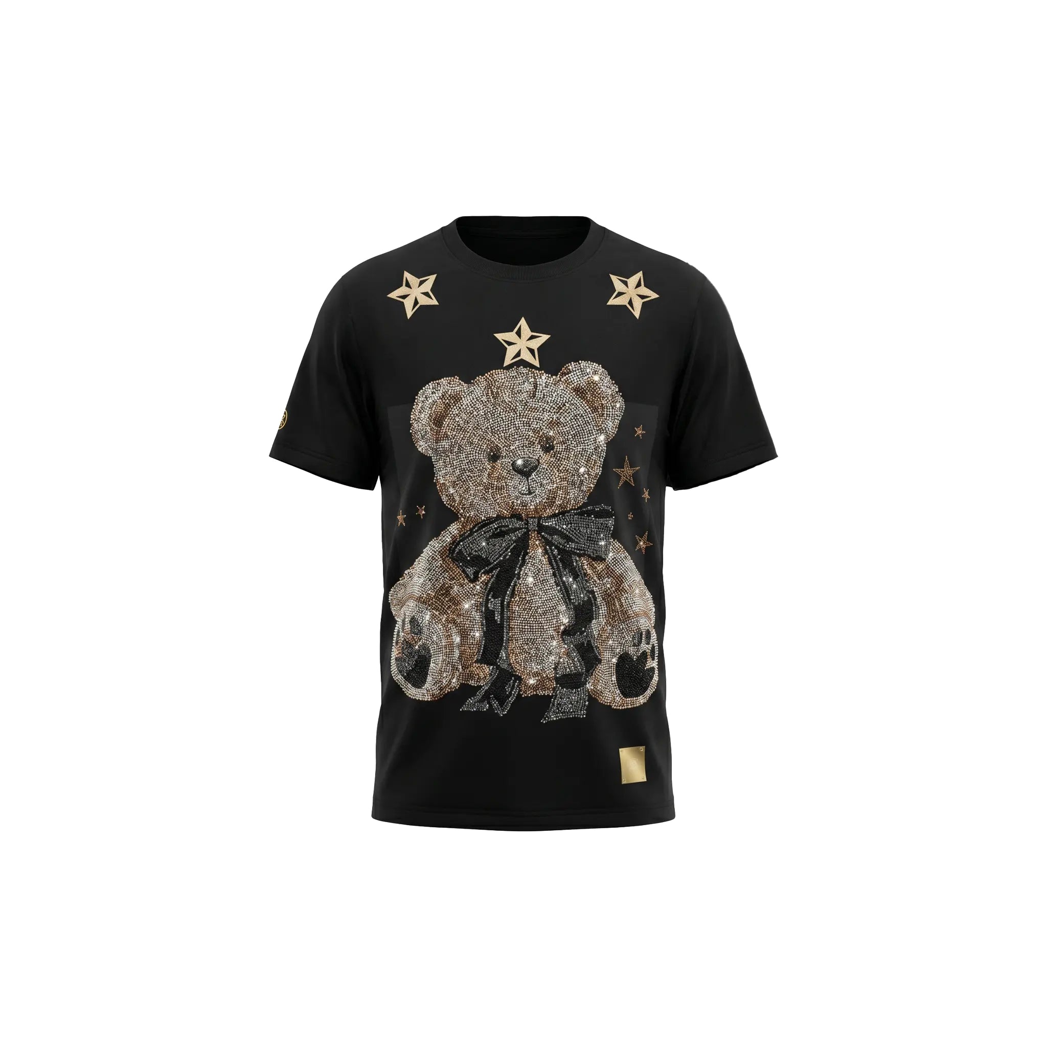 Black t-shirt with a teddy bear design and stars on a white background, TCH Rhinestone Teddy Bear Black T-Shirt
