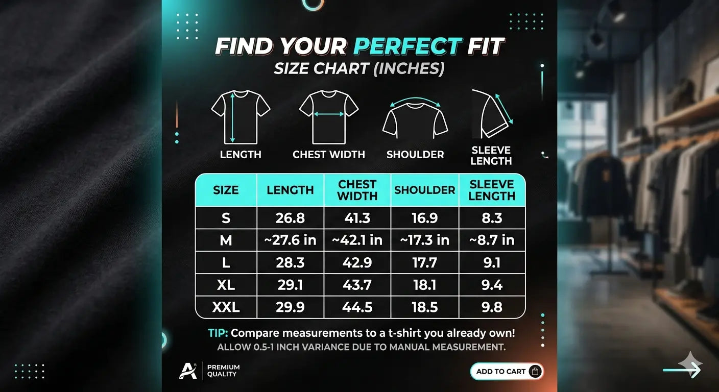 Size chart for shirts with a clothing store background, TCH Rhinestone Teddy Bear Bouquet Black T-Shirt