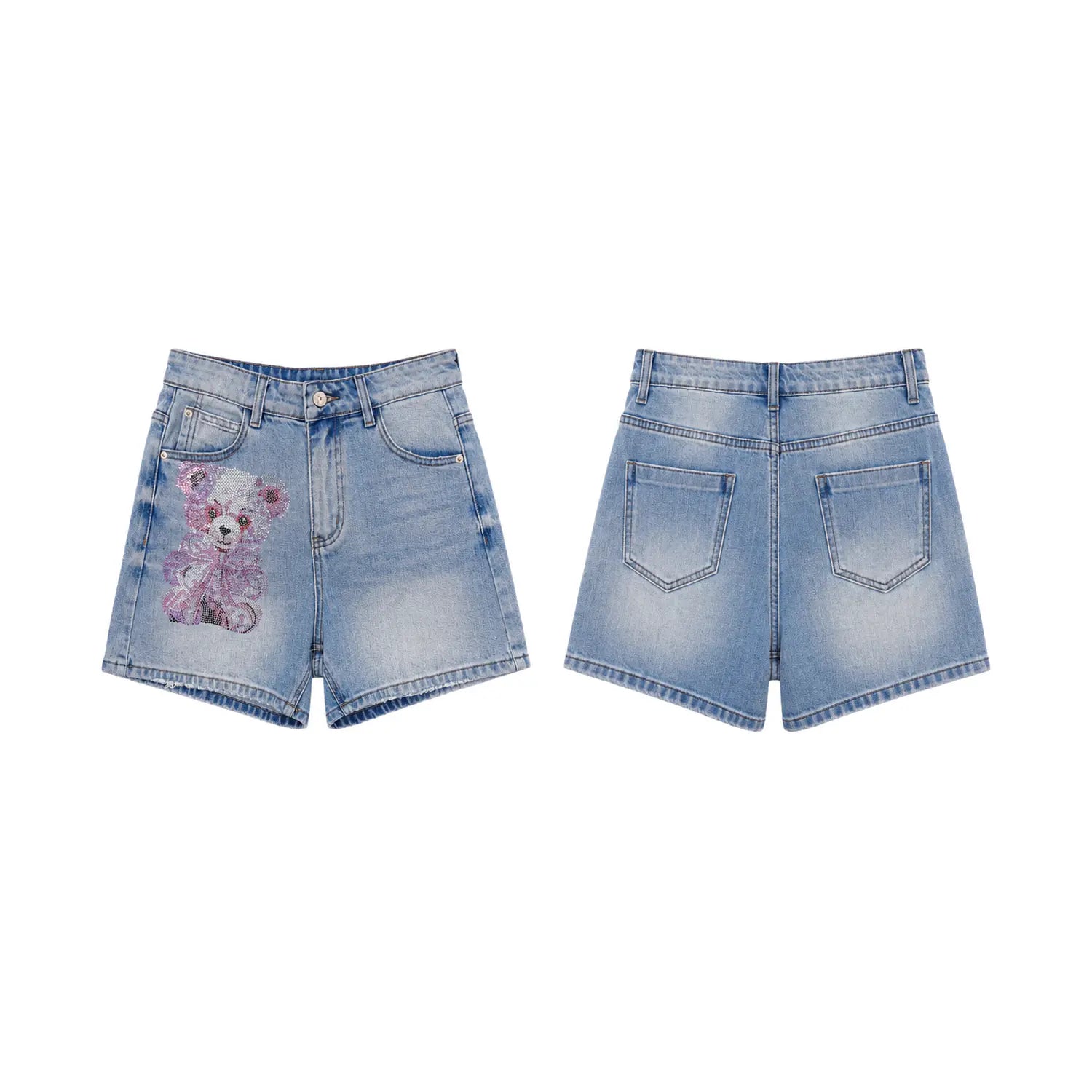Light blue denim shorts shown from the front and back on a white background. The front view features a light wash with a pink and white teddy bear applique on the left side, while the back view shows standard five-pocket construction. TCH Rhinestone Teddy Bear Bow Denim Shorts