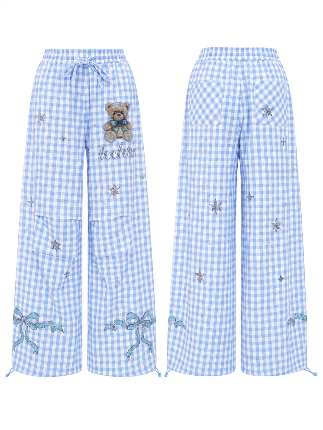 A pair of wide-leg lounge pants shown from both front and back views. The pants feature a light blue and white gingham check pattern, decorated with embroidered silver stars, blue bows near the hems, and a small teddy bear patch with the word 'teeth' on the front left leg. TCH Rhinestone Teddy Bear Bow Gingham Wide-Leg Pants