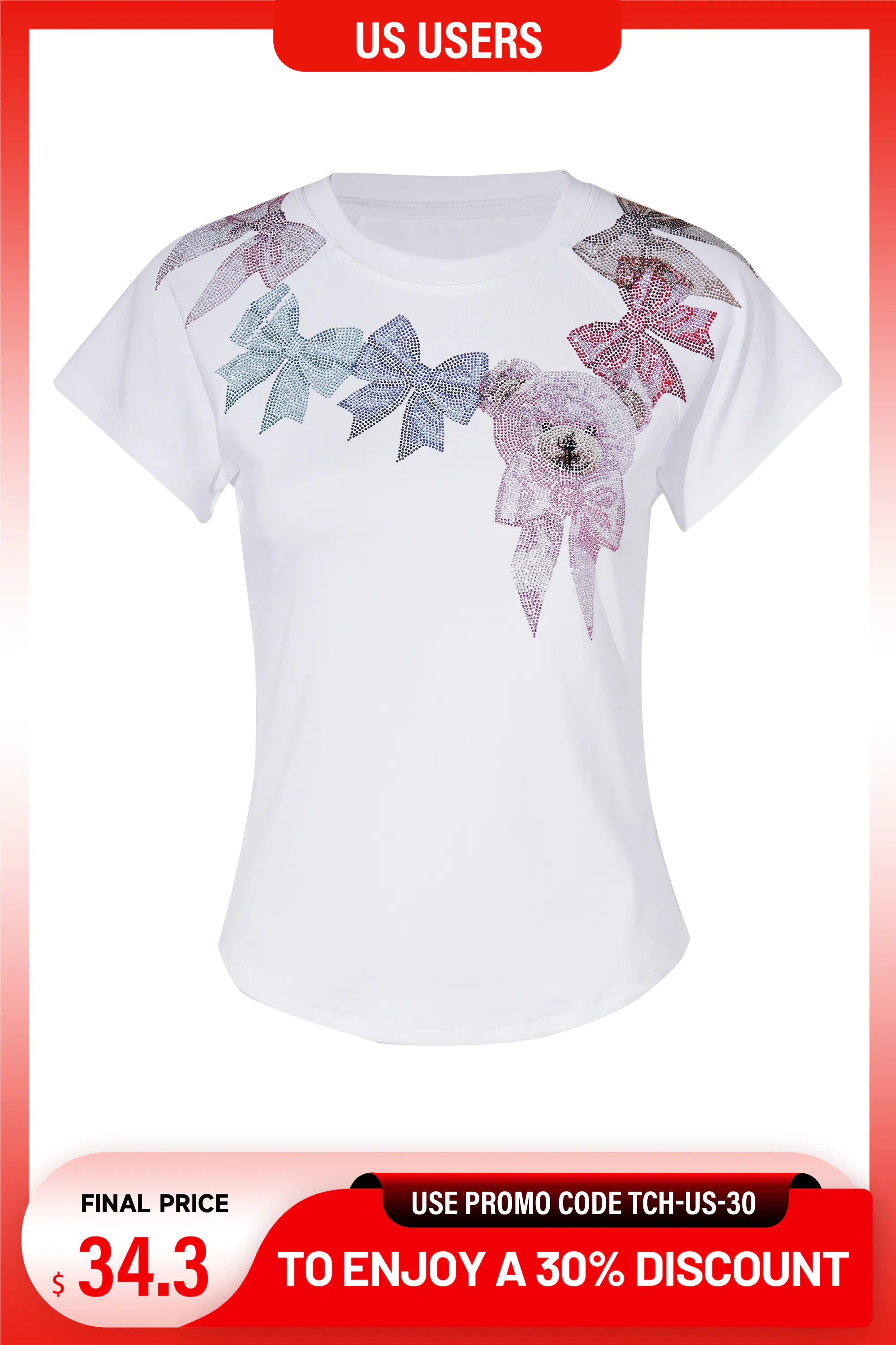 White t-shirt with colorful floral designs on a promotional banner. TCH Rhinestone Teddy Bear & Bow Graphic T-Shirt