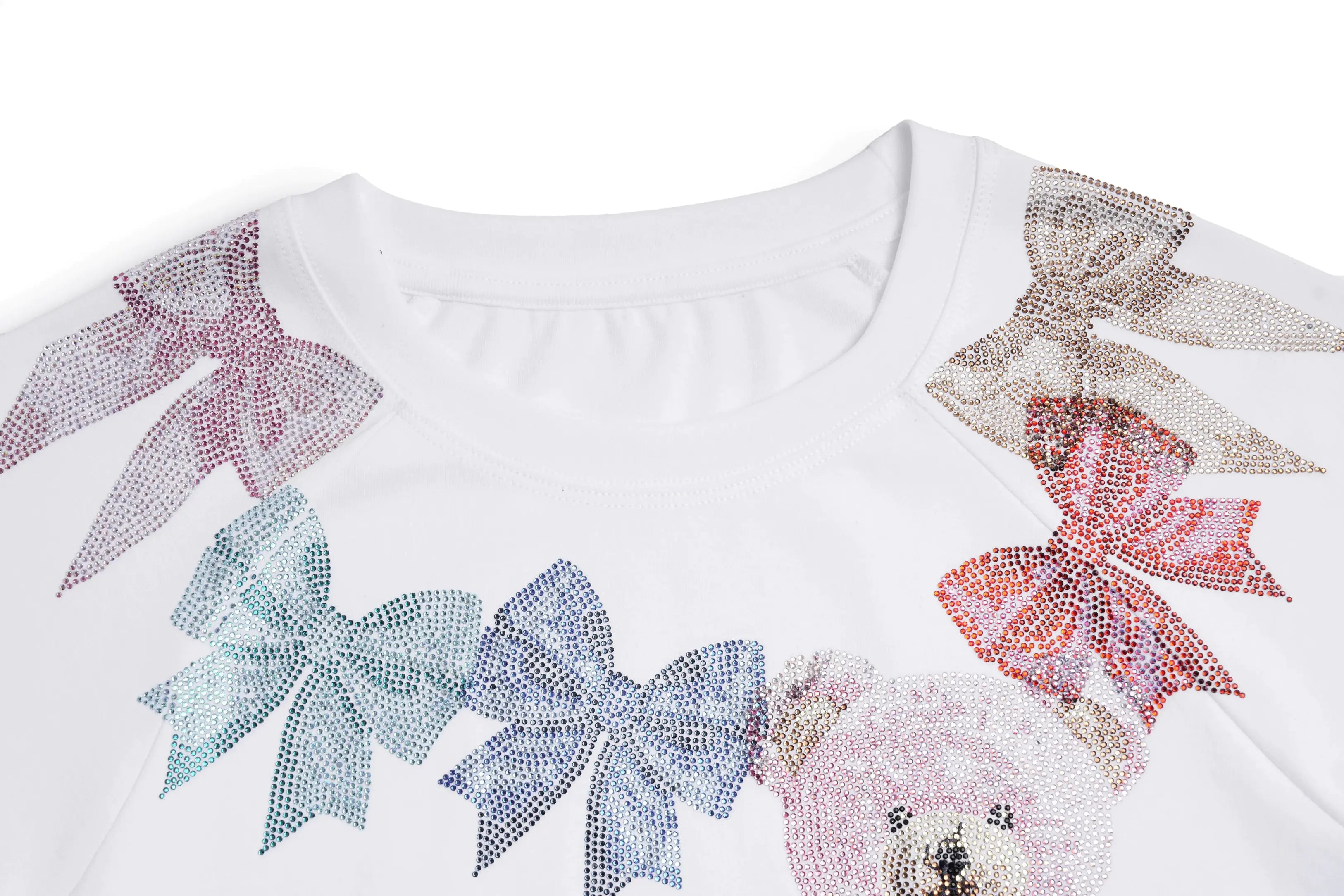 White shirt with colorful sequin bows and a bear design on a white background, TCH Rhinestone Teddy Bear & Bow Graphic T-Shirt