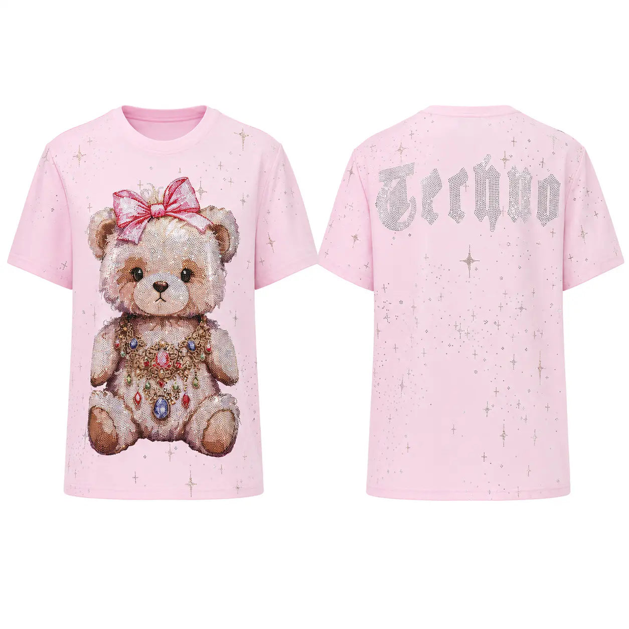 A light pink short-sleeve t-shirt shown from both front and back. The front features a large graphic of a teddy bear wearing a pink bow and jeweled clothing. TCH Rhinestone Teddy Bear Bow Pink Graphic T-Shirt