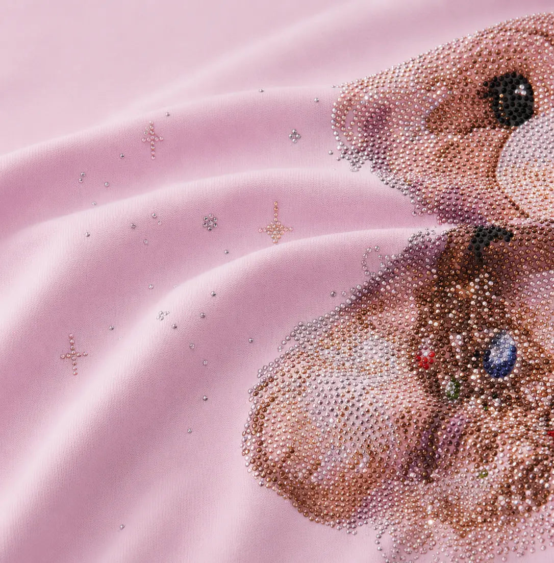 A close-up of a light pink fabric surface with a teddy bear face and body made from sequins and beads, including a black eye and a blue gem accent. TCH Rhinestone Teddy Bear Bow Pink Graphic T-Shirt