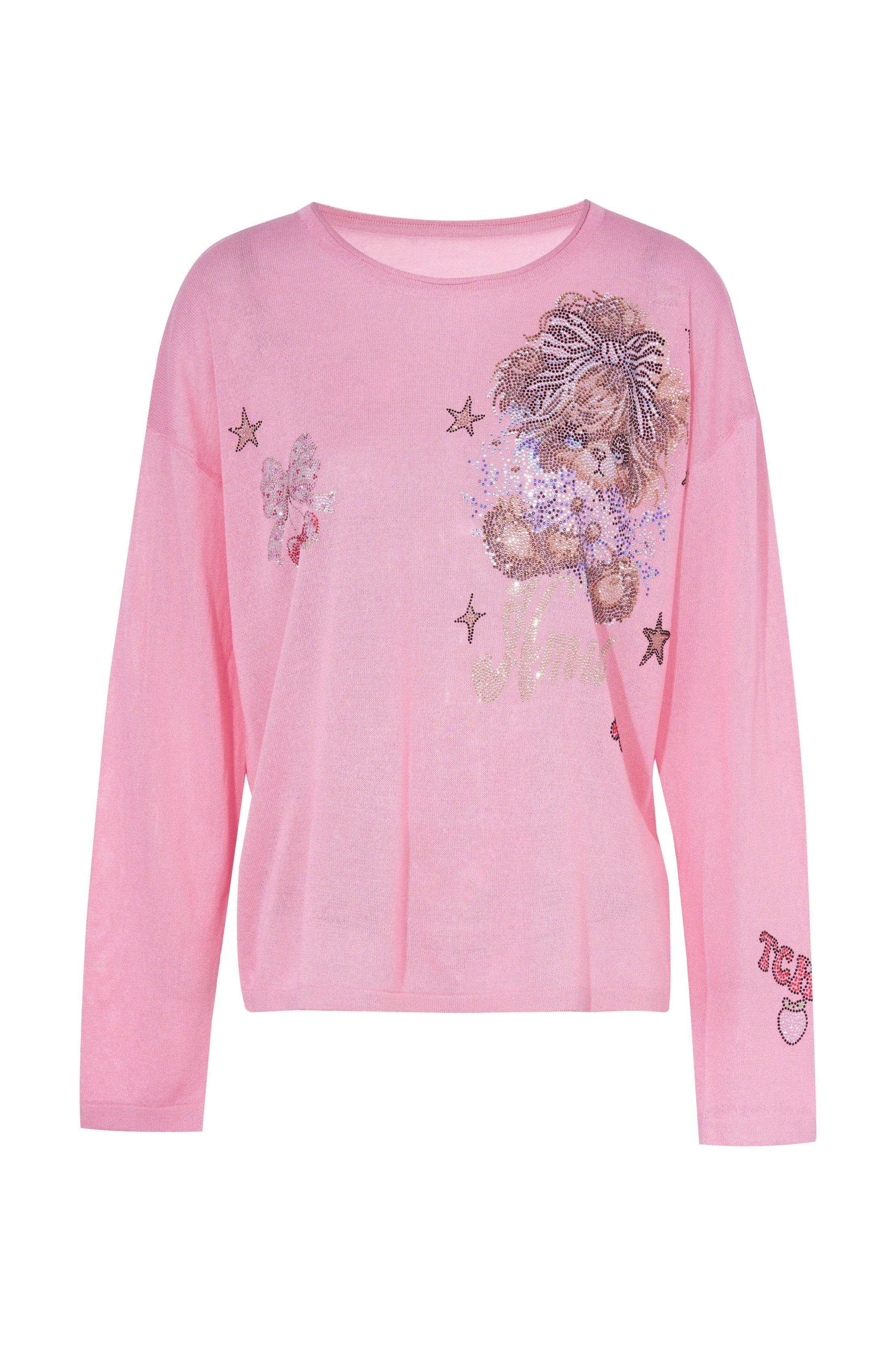 Pink long-sleeve shirt with a teddy bear design on a white background, TCH Rhinestone Teddy Bear & Bow Pink Long Sleeve Top