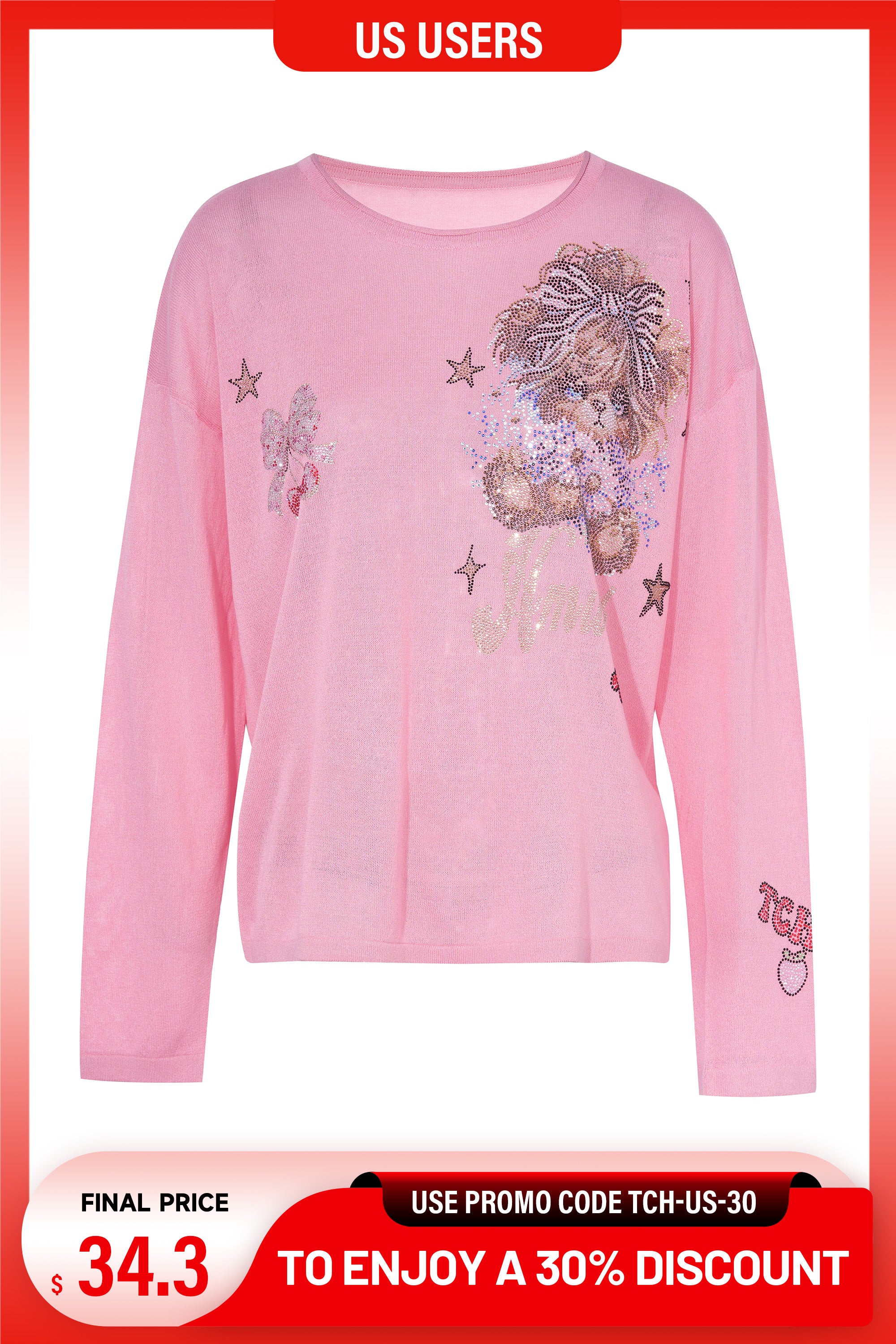 Pink long-sleeve shirt with a graphic design on a white background, TCH Rhinestone Teddy Bear & Bow Pink Long Sleeve Top