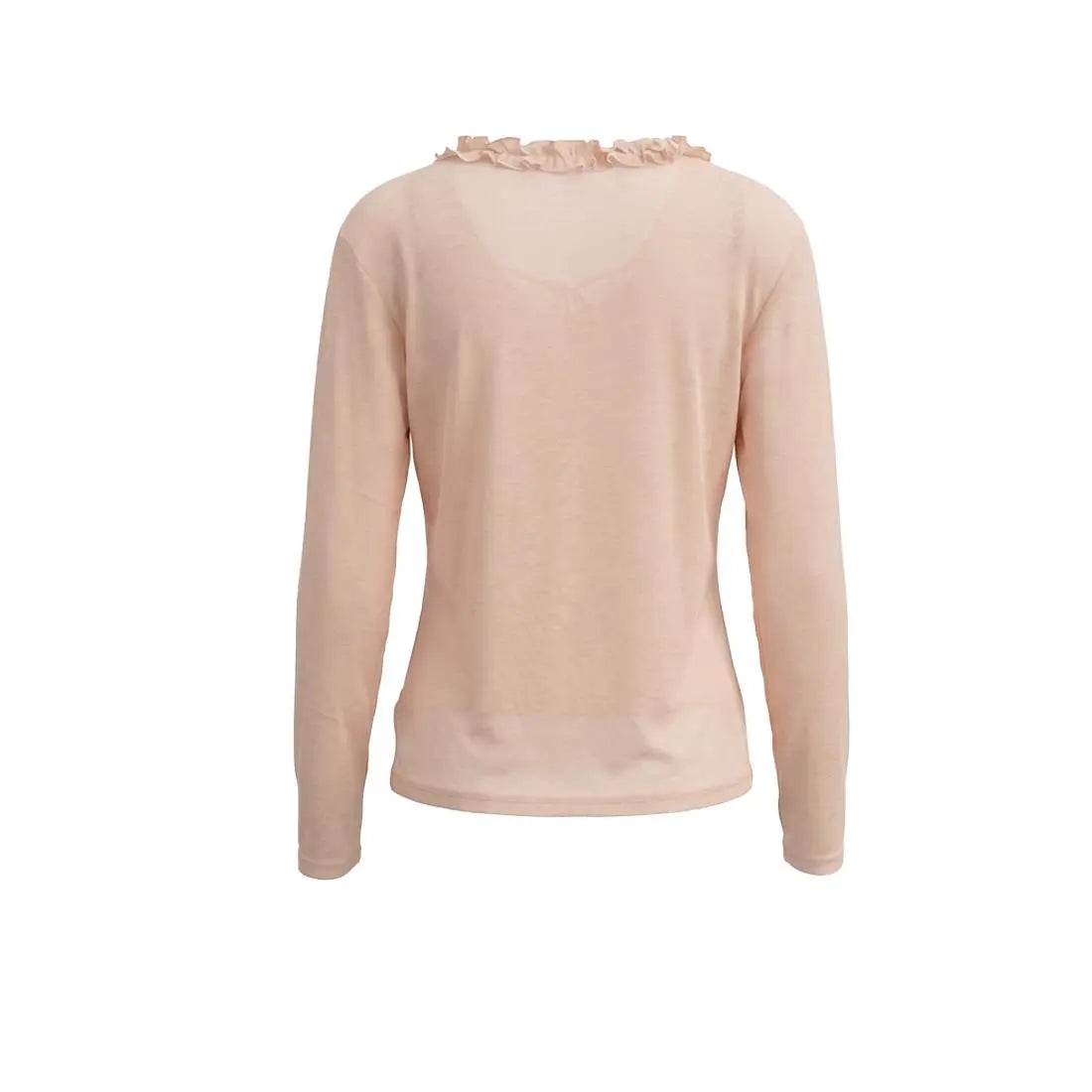 A light peach-pink long-sleeve knit top shown from the back, featuring a delicate ruffled trim along the neckline, set against a plain white background. TCH Rhinestone Teddy Bear Bow Ruffle Long Sleeve Top