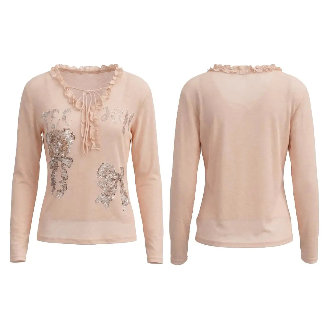 A light peach-pink long-sleeve knit top shown from both front and back. The front features a ruffled tie-neck trim and silver sequin floral applique on the chest. TCH Rhinestone Teddy Bear Bow Ruffle Long Sleeve Top