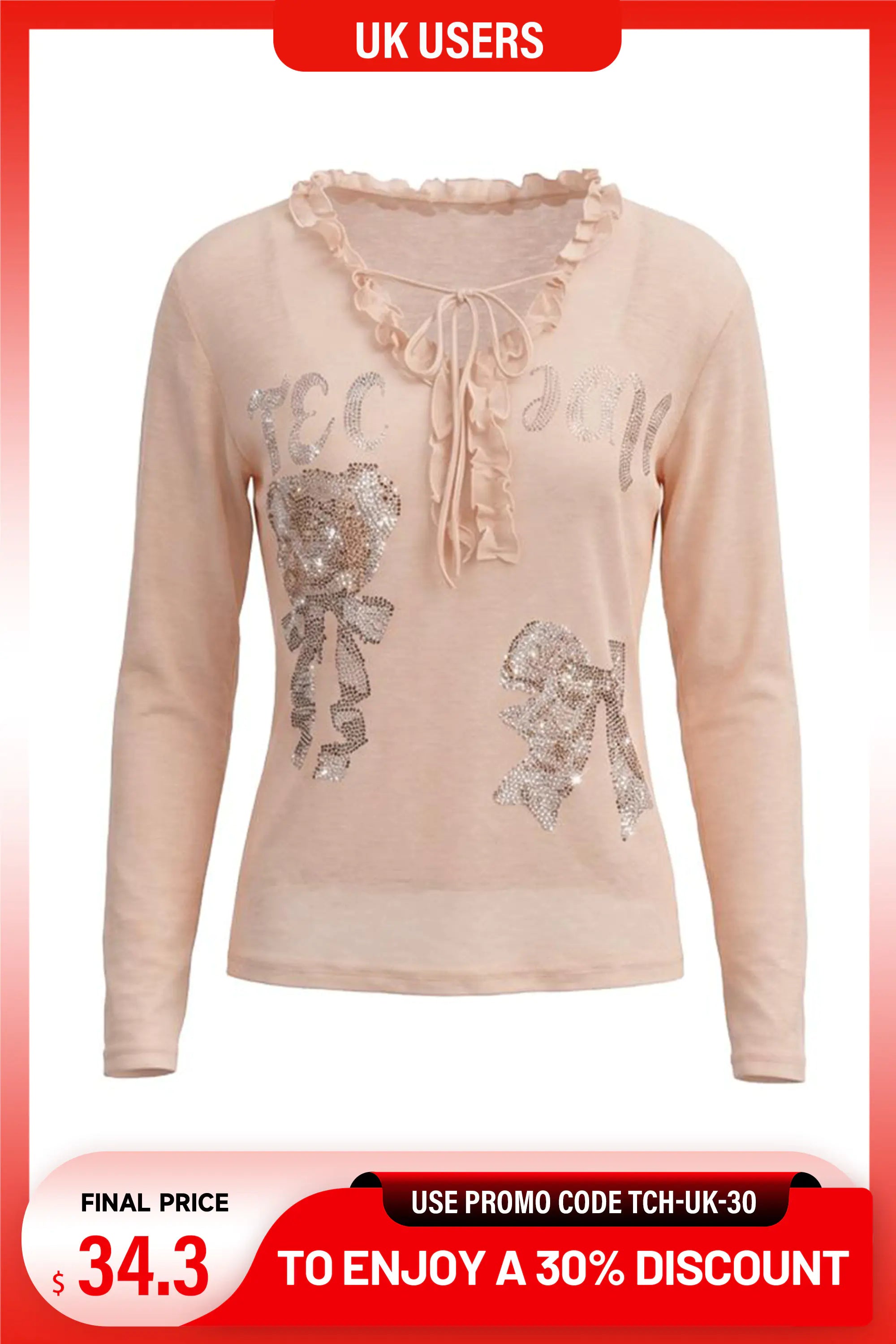 A light beige long-sleeve knit top with a ruffled tie-neck and sequined bow details on the front, shown on a white background with promotional text banners. TCH Rhinestone Teddy Bear Bow Ruffle Long Sleeve Top