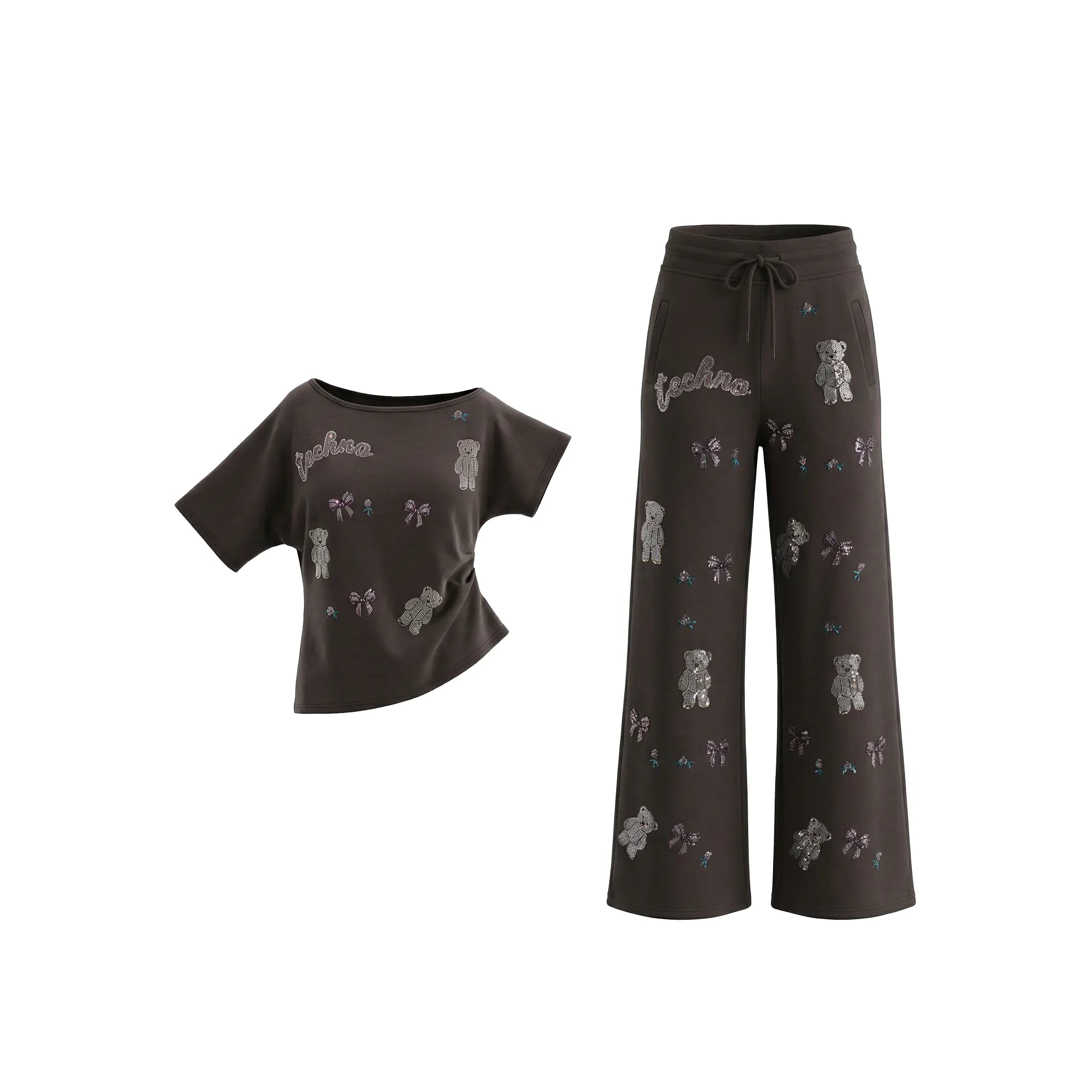 Dark brown t-shirt and wide-leg pants with floral patterns on a white background, TCH Rhinestone Teddy Bear & Bow Set