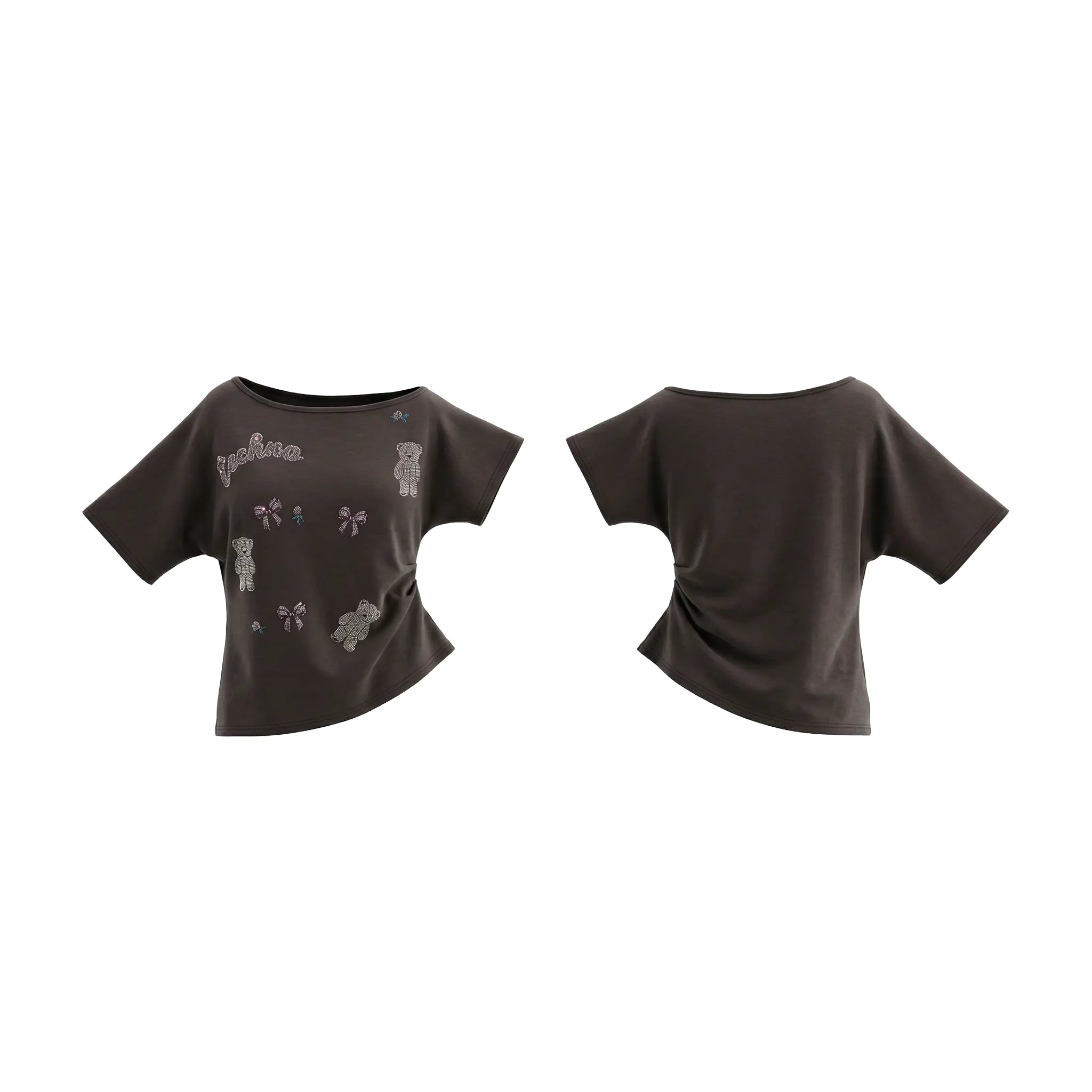 Brown t-shirt with graphic designs on a white background, TCH Rhinestone Teddy Bear & Bow Set