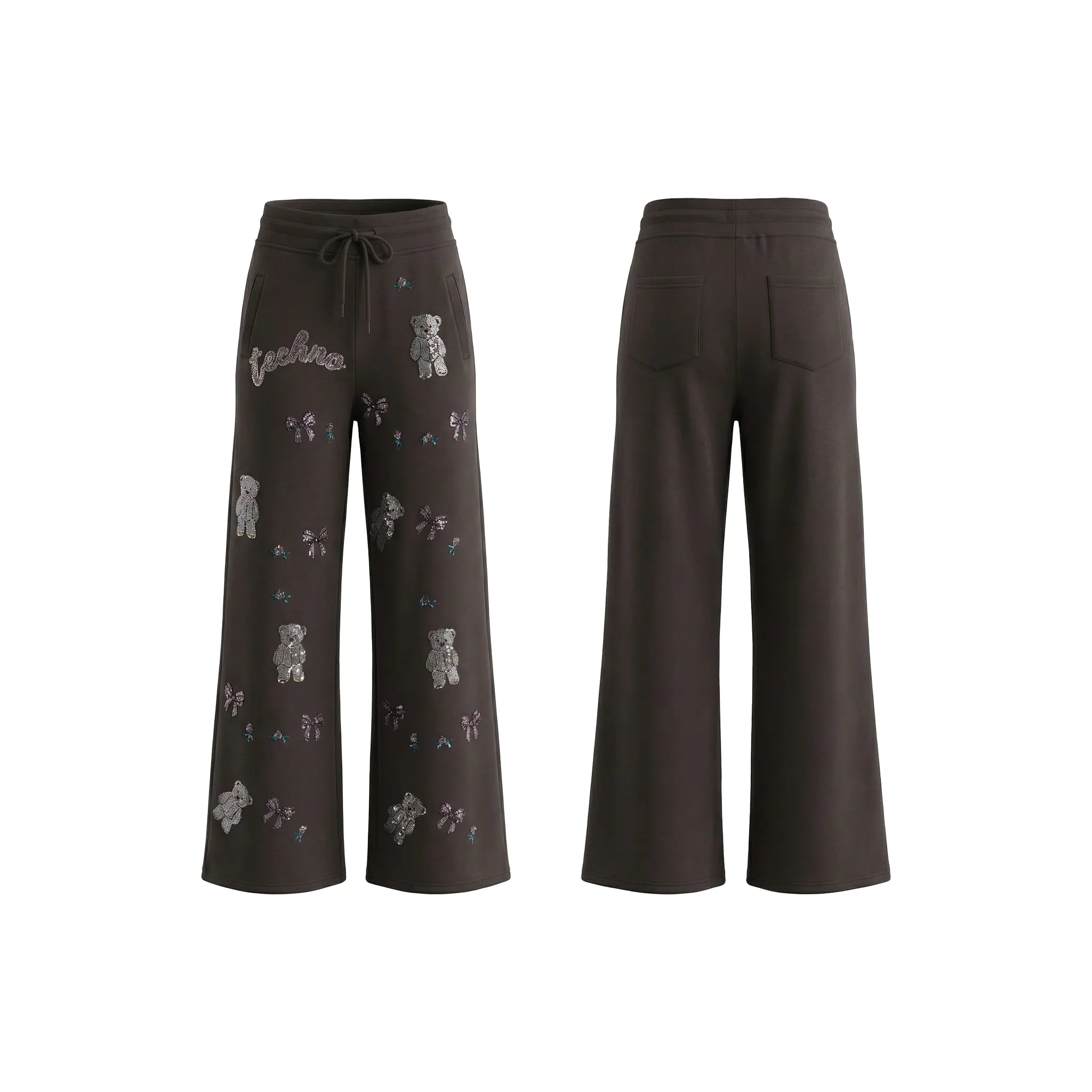 Two pairs of dark brown pants with different designs on a white background, TCH Rhinestone Teddy Bear & Bow Set