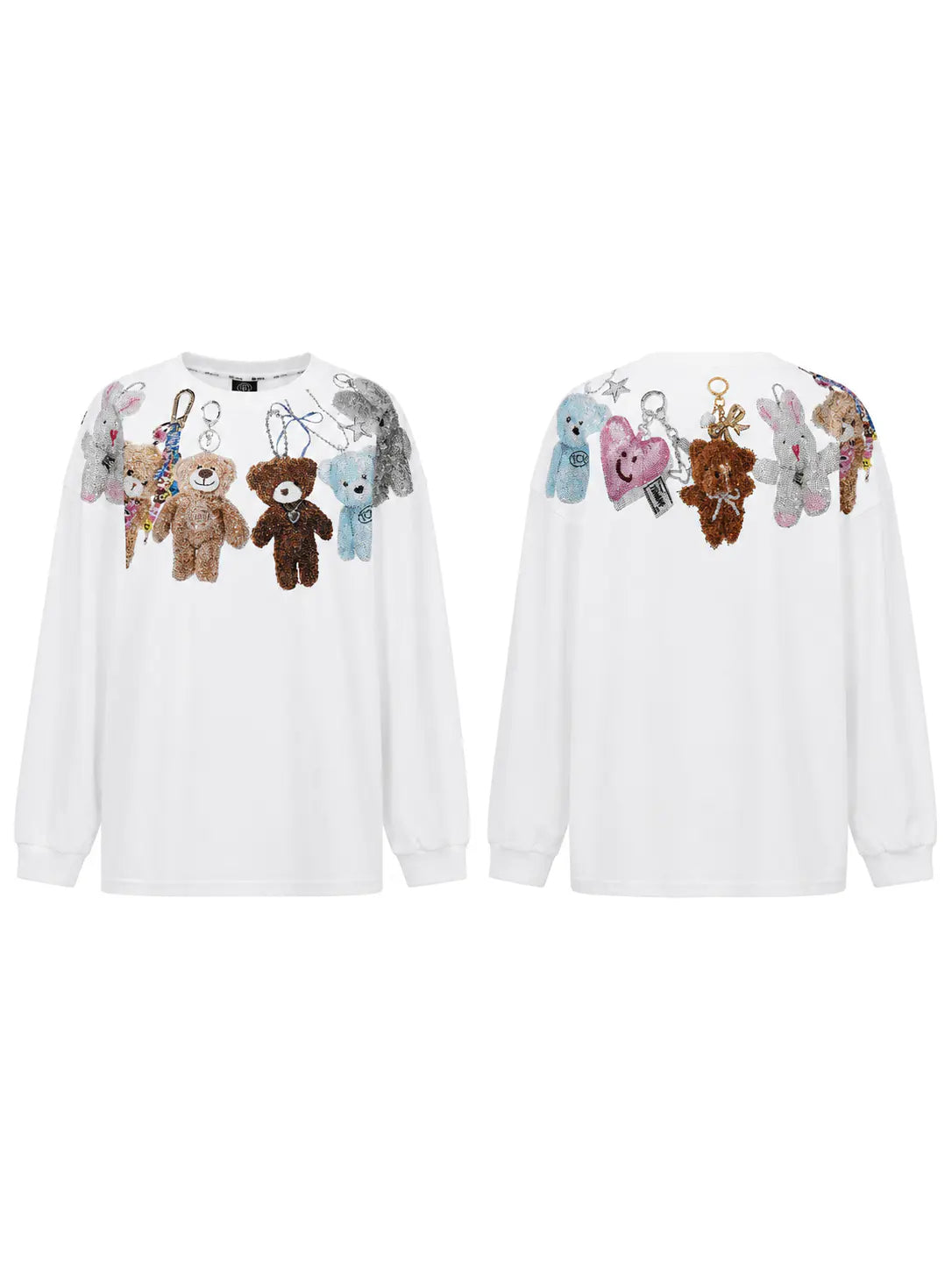 A white long-sleeve sweatshirt shown from both front and back, featuring a row of colorful teddy bear keychains across the chest and upper back. TCH Rhinestone Teddy Bear Charm Graphic Long Sleeve Sweatshirt