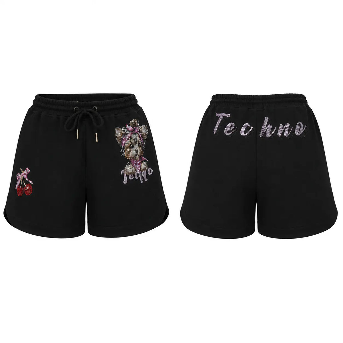 Black drawstring shorts shown from the front and back. The front features a small dog graphic with flowers and the word 'Techno' below it, and a pair of red cherries with a pink bow on the left leg. TCH Rhinestone Teddy Bear Cherry Graphic Sweat Shorts