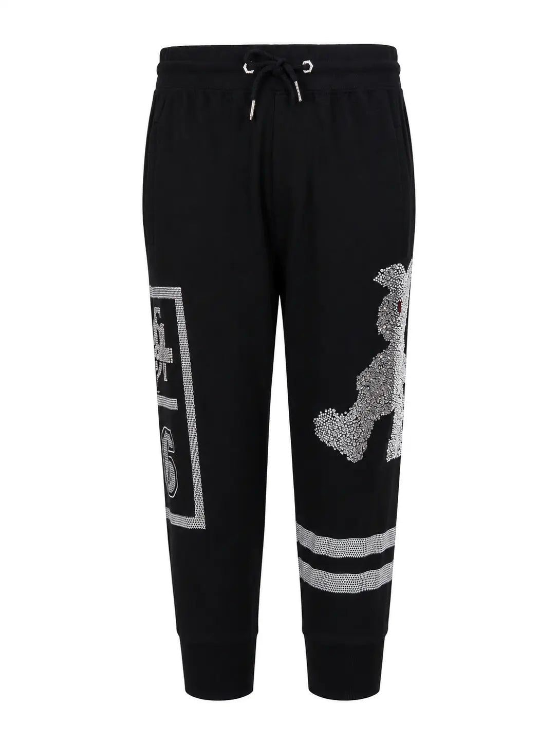 A black short-sleeve t-shirt with white sleeve panels and a highly detailed, ornate graphic on the front featuring a woman in a pink gown, green decorative lettering, and floral elements. TCH Rhinestone Teddy Bear Graphic Black Jogger Pants