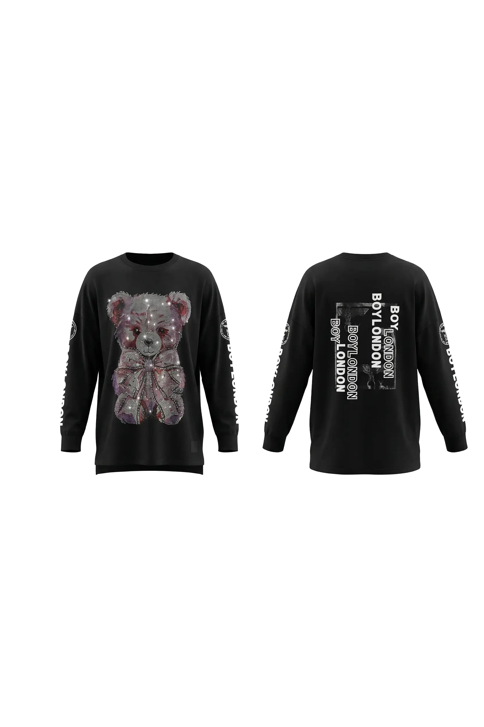 Black long-sleeve shirt with teddy bear design on front and text on back, on a white background TCH Rhinestone Teddy Bear Graphic Crewneck Sweatshirt-