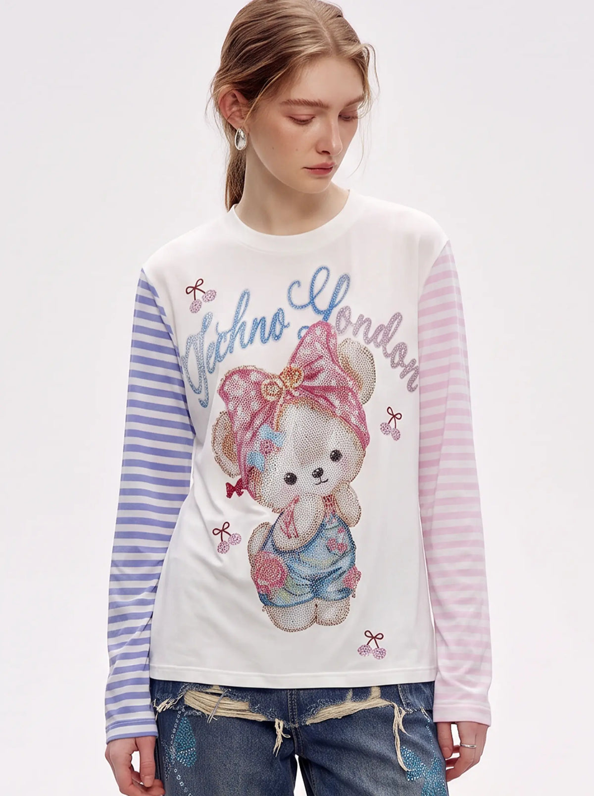 TCH Rhinestone Teddy Bear Graphic Striped Sleeve Long Sleeve Top Luxury Streetwear Brand Official Showcase