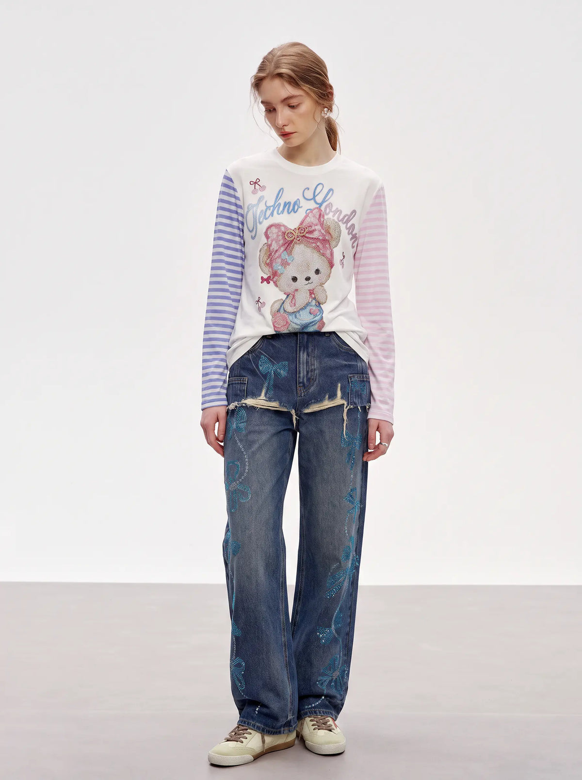 TCH Rhinestone Teddy Bear Graphic Striped Sleeve Long Sleeve Top Luxury Streetwear Brand Official Showcase