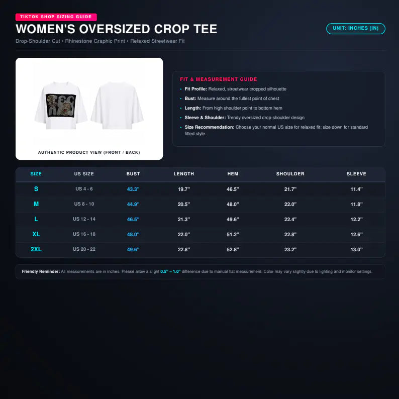 A dark blue sizing and product information graphic for a women's oversized crop tee. The layout includes a product thumbnail showing the front and back of a white cropped T-shirt with a black graphic, a fit and measurement guide section, and a size table listing US sizes S through 2XL with bust, length, hem, shoulder, and sleeve measurements. TCH Rhinestone Teddy Bear Graphic White T-Shirt