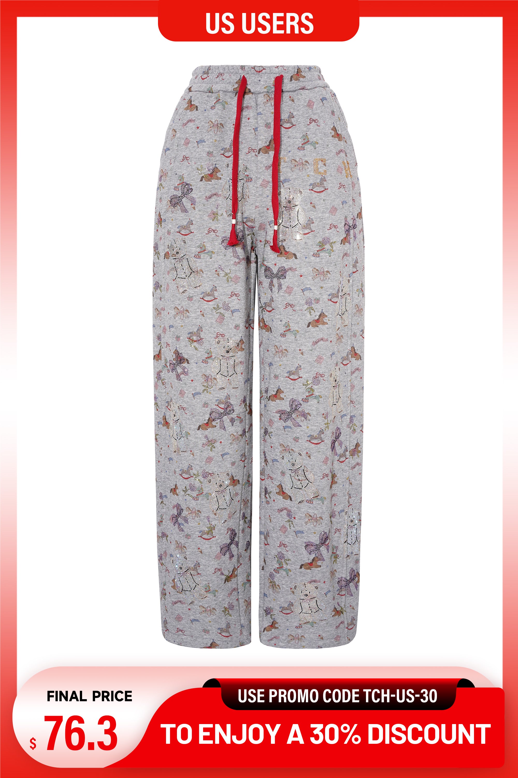 White pants with star pattern on a white background, promotional banner at the bottom. TCH Rhinestone Teddy Bear Grey Printed Pants