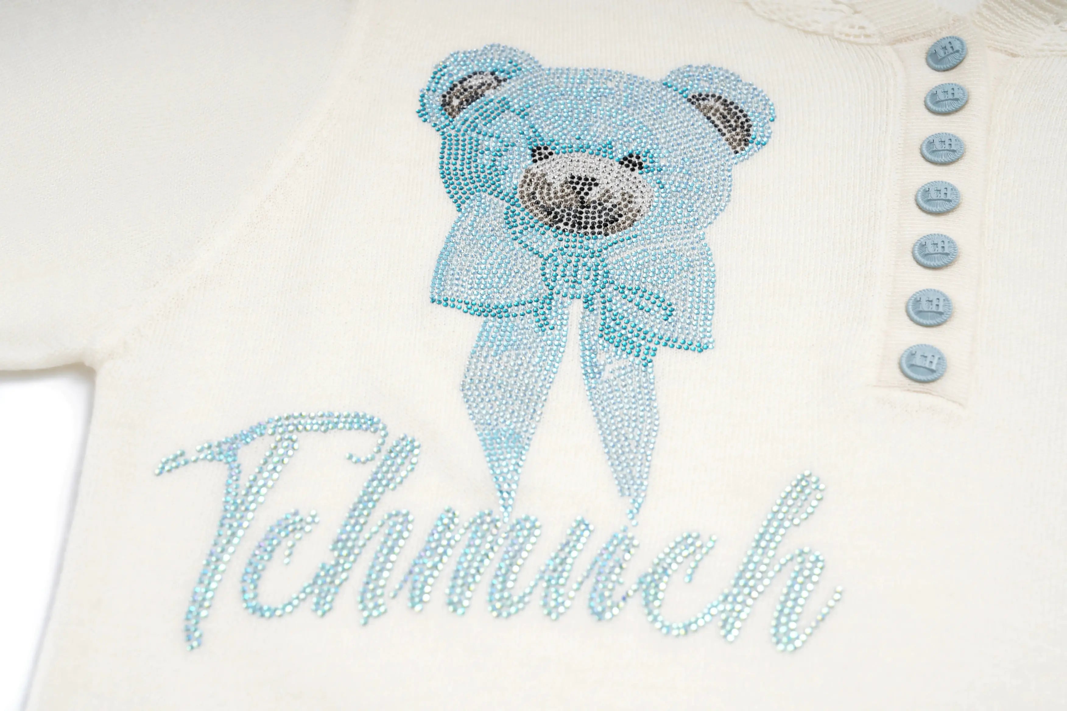 Baby outfit with teddy bear design and text on a white background, TCH Rhinestone Teddy Bear Hooded Knit Tee
