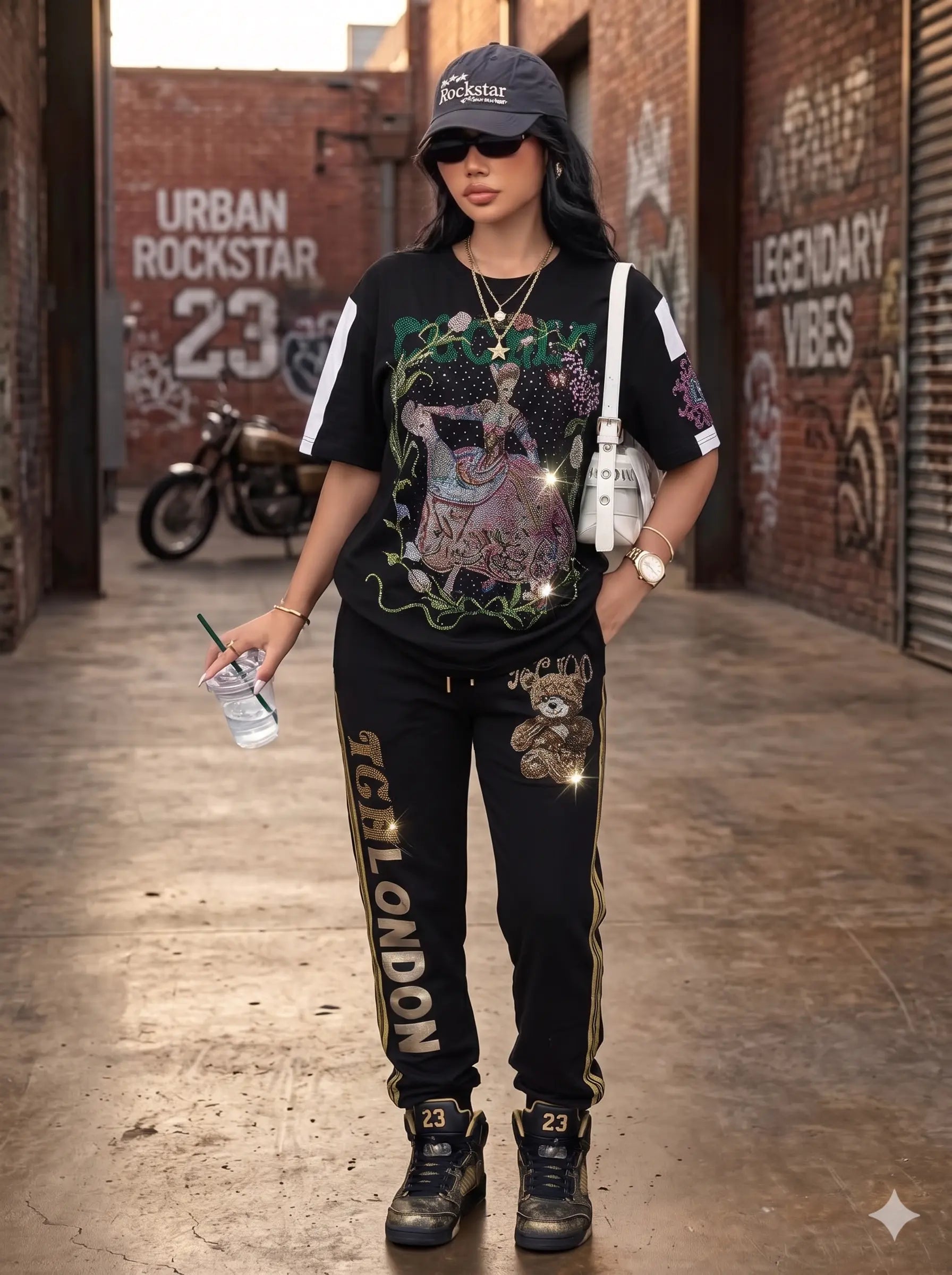 A woman stands in an urban alley wearing a matching black graphic sweatshirt and sweatpants set. The outfit features a large multicolor graphic on the sweatshirt, 'LONDON' printed vertically in gold on the pants, and a teddy bear graphic on the thigh. TCH Rhinestone Teddy Bear London Graphic Black Jogger Pants
