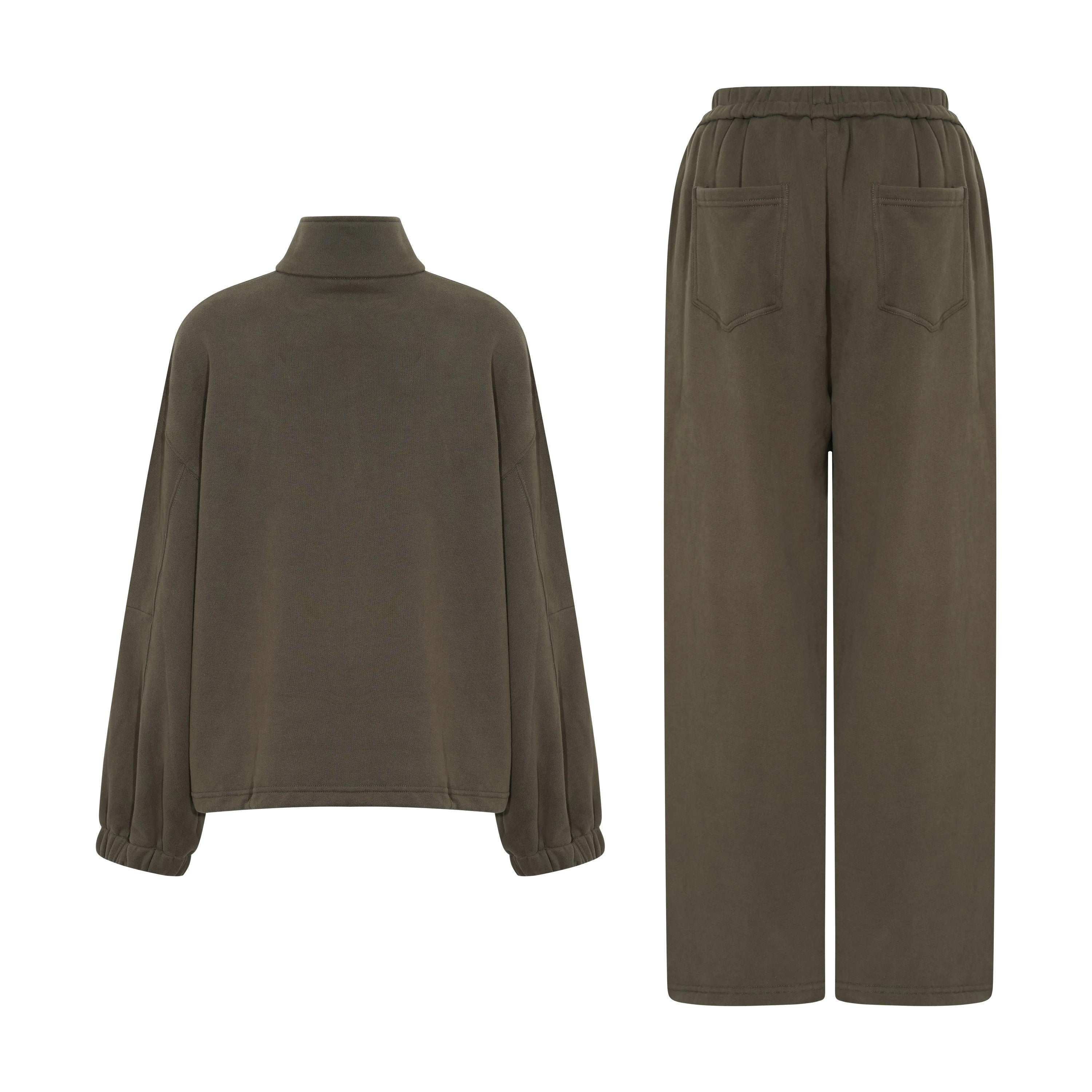 Brown turtleneck sweater and wide-leg pants on a white background, TCH Rhinestone Teddy Bear Military Green Zip Turtleneck Set