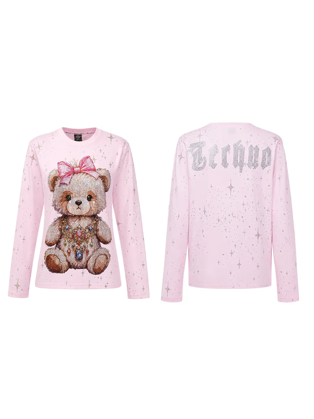 A light pink long-sleeve sweatshirt shown from both front and back. The front features a large teddy bear graphic with a pink bow and jeweled heart, while the back displays the word 'Techno' in a silver gothic font. TCH Rhinestone Teddy Bear Pink Long Sleeve T-Shirt