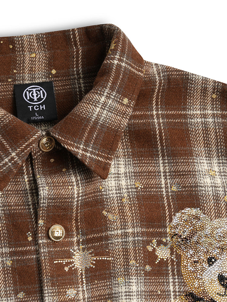 tch rhinestone teddy bear plaid overzied shirt khaki HighEnd Luxury Streetwear Brand Official Showcase
