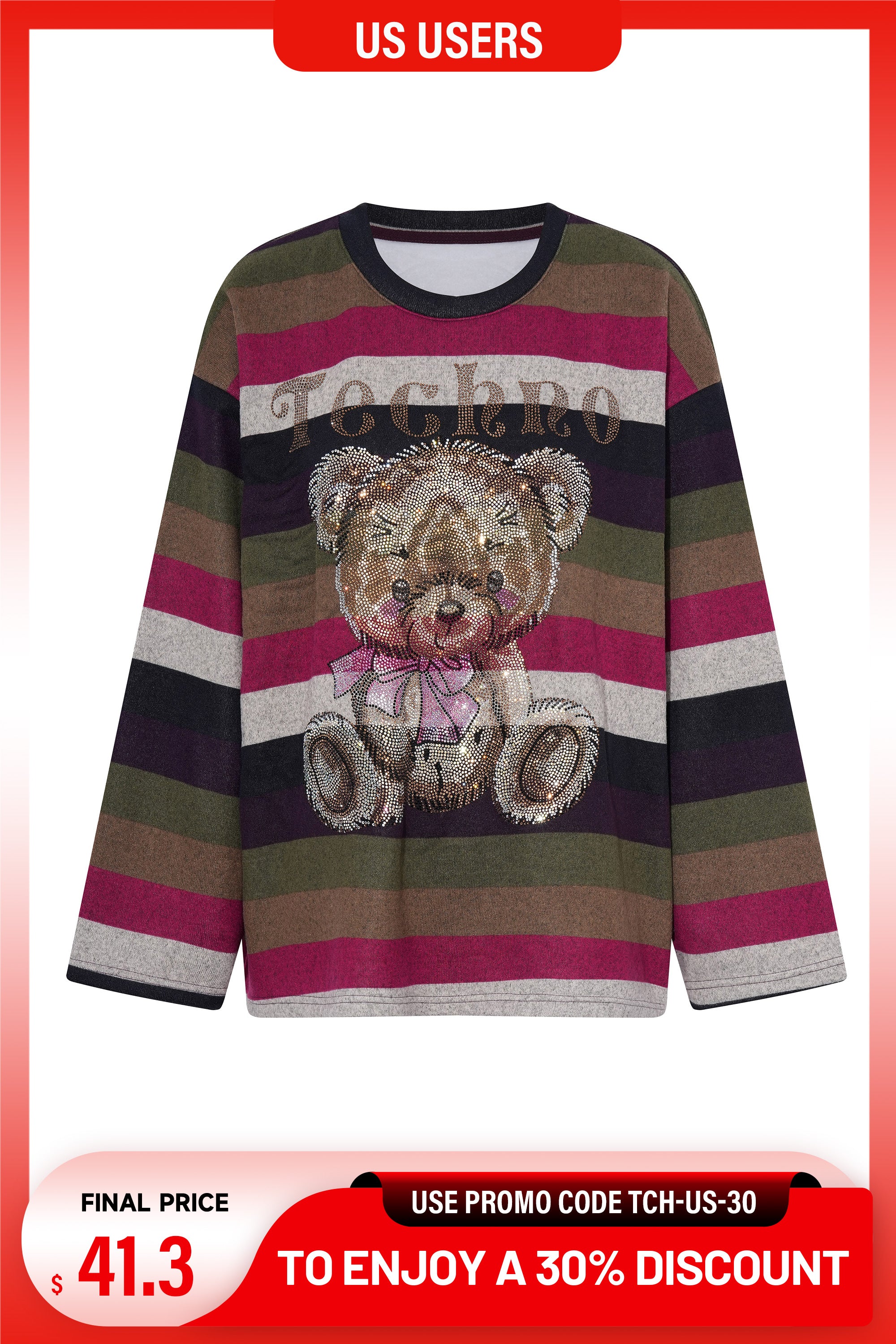 Striped sweater with teddy bear design on a promotional background, TCH Rhinestone Teddy Bear Striped Sweatshirt