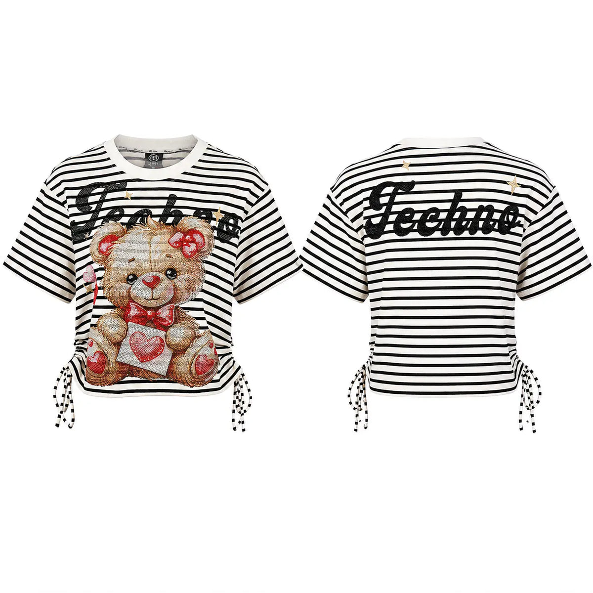 Black and white striped short-sleeve crop top shown from the front and back. The front features a large teddy bear graphic holding a heart, with 'Techno' printed in black script across the chest. TCH Rhinestone Teddy Bear Striped Tie-Side T-Shirt