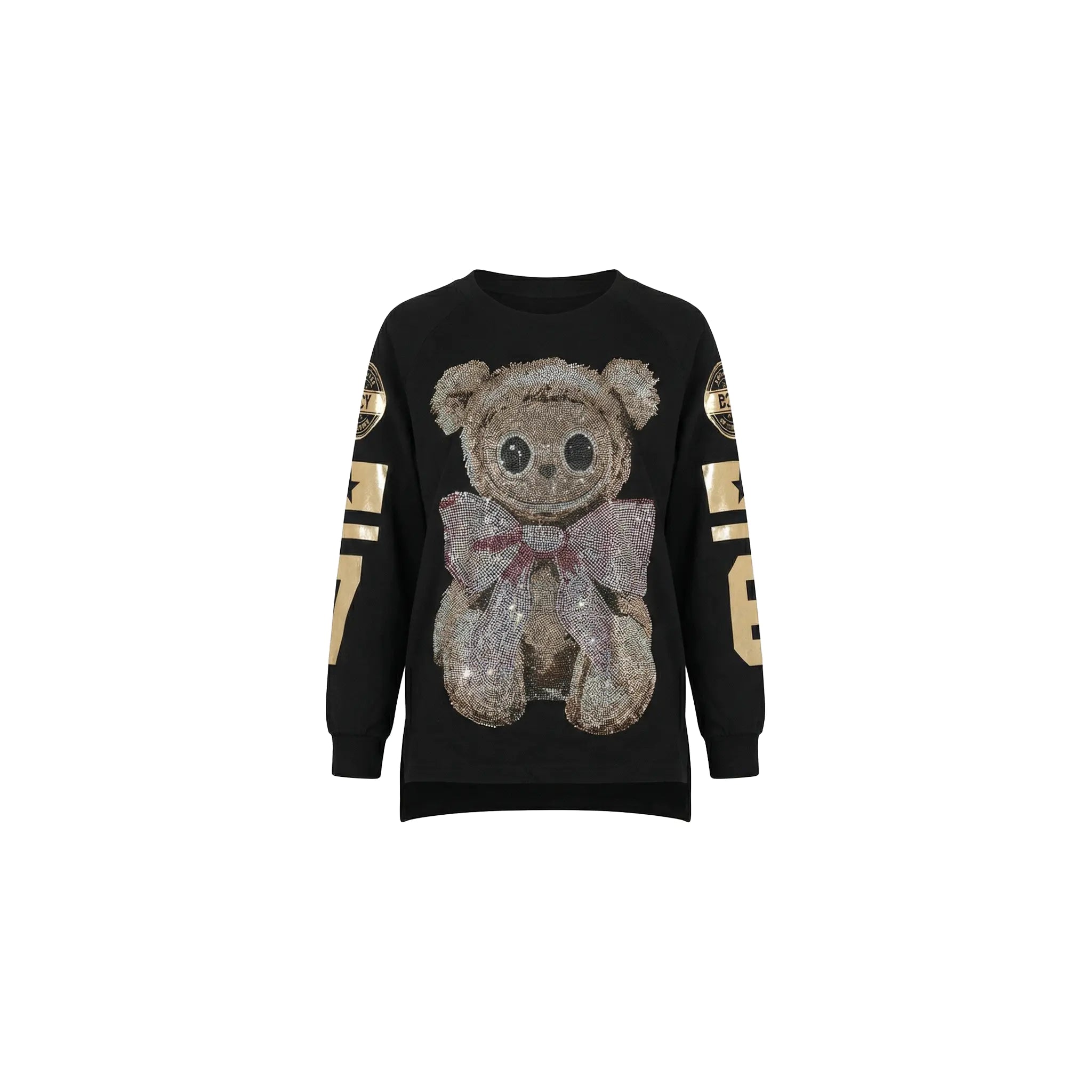 Black sweater with teddy bear design on a white background, TCH Rhinestone Teddy Bear Sweatshirt
